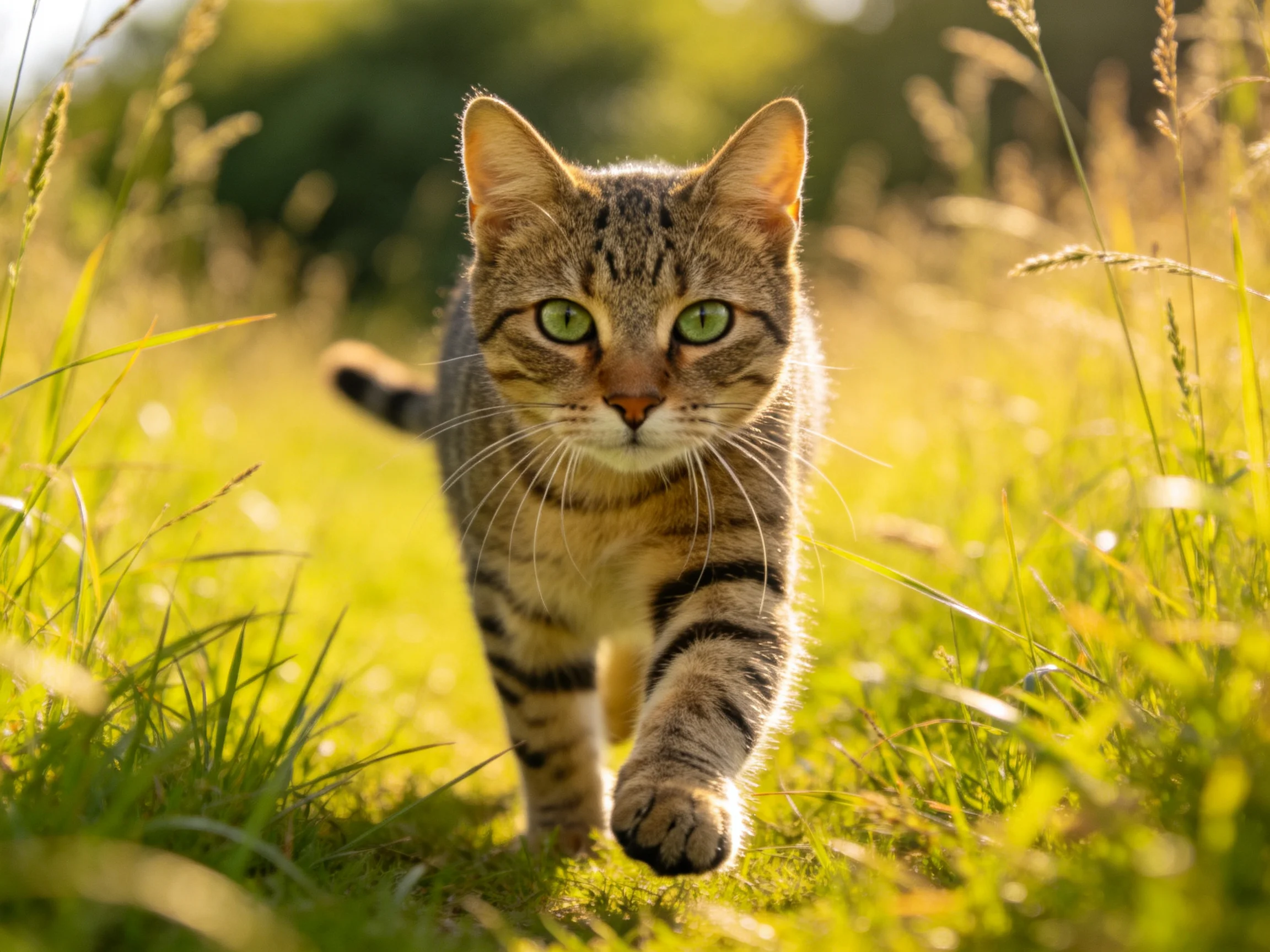 A tabby cat with green eyes walks through sunlit grass.