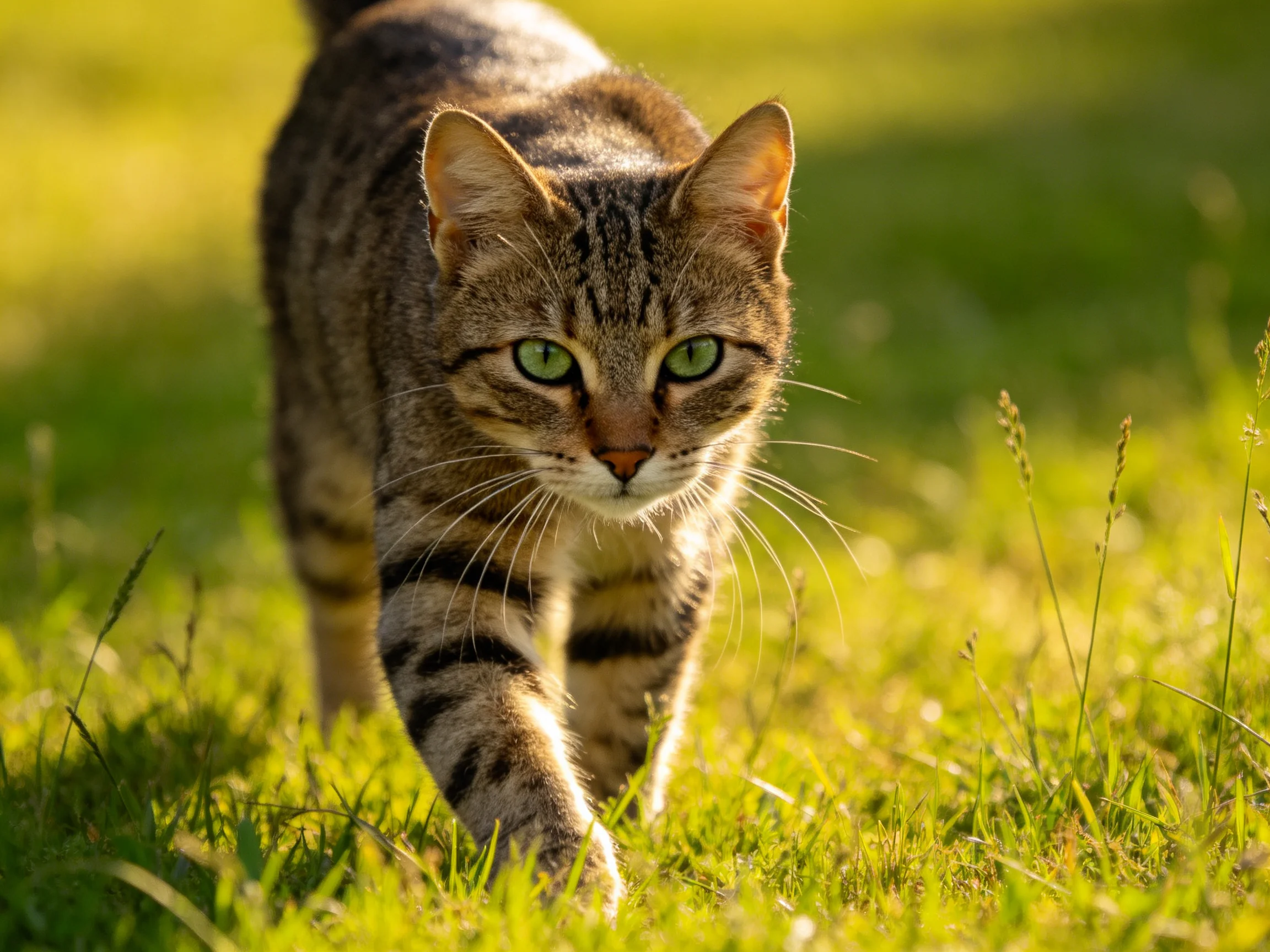 A tabby cat with green eyes walks through sunlit grass.