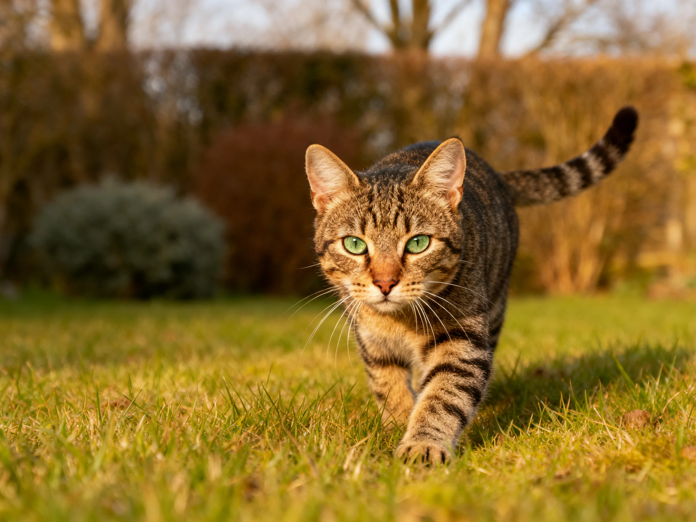 A tabby cat with green eyes moves through a sunlit garden.