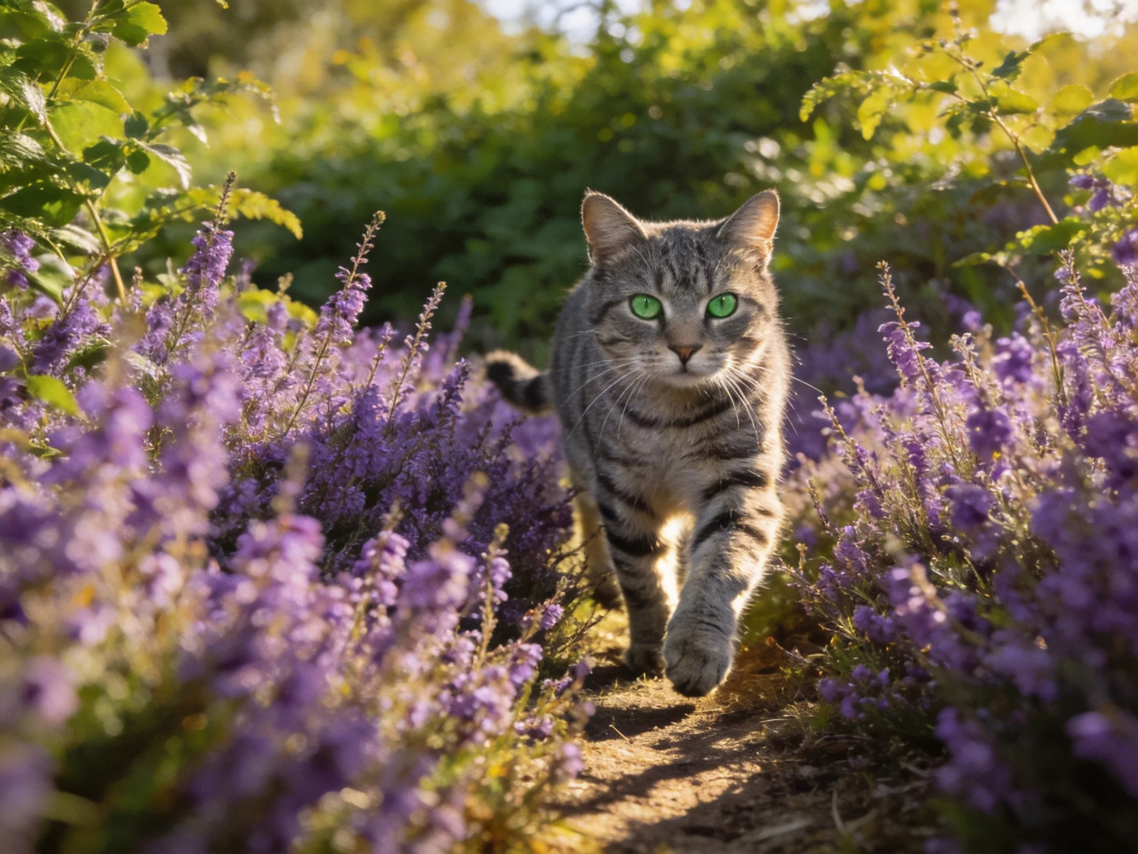 A tabby cat with green eyes moves through a field of purple flowers.