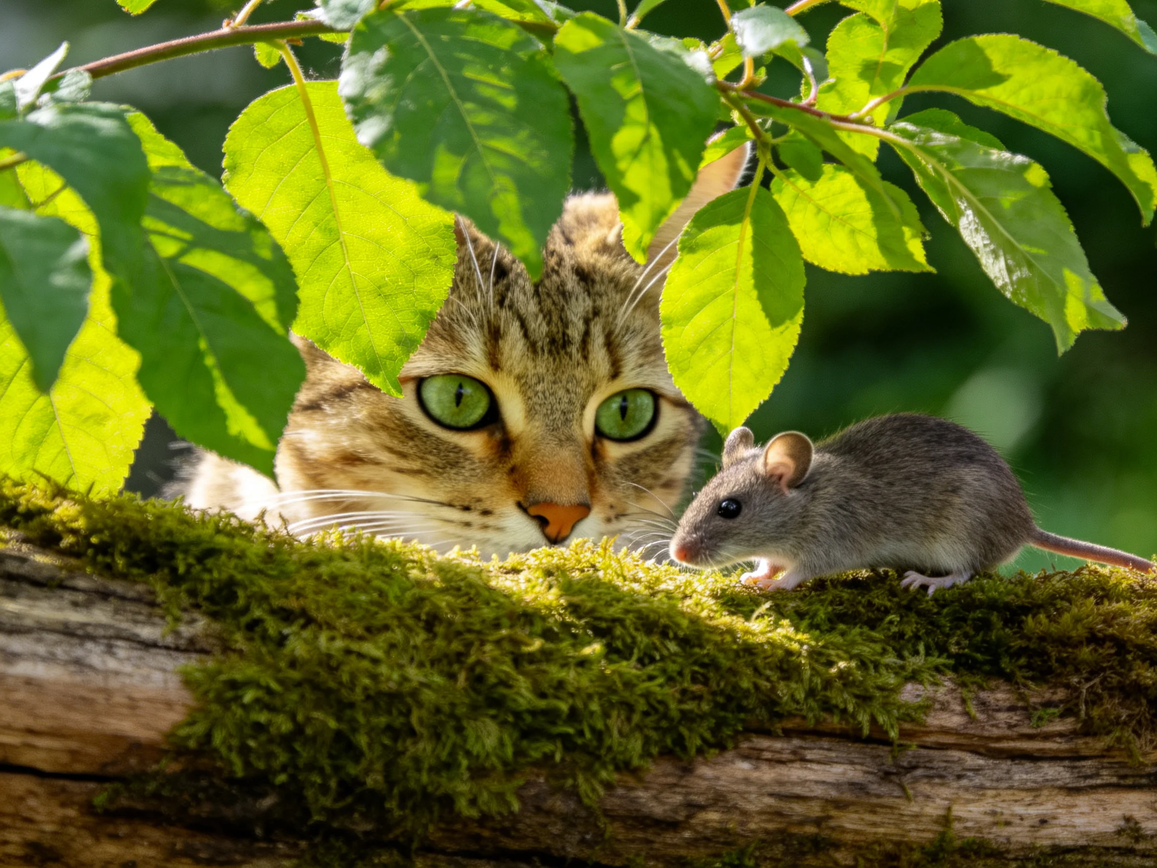 A tabby cat with green eyes watches a gray mouse near mossy wood