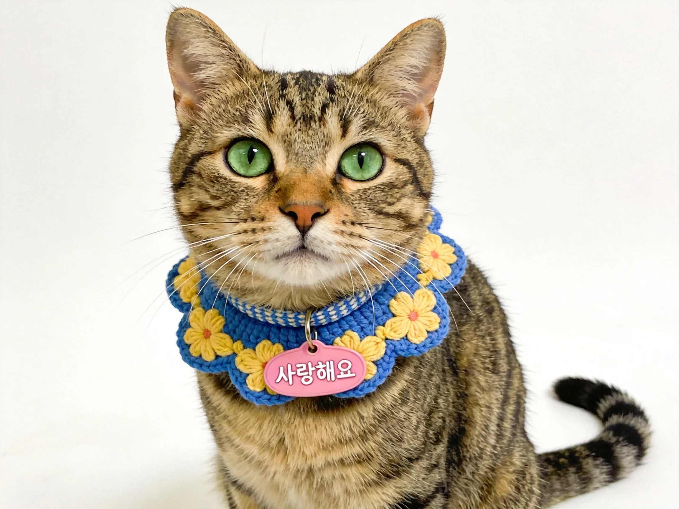 A tabby cat with green eyes wears a blue crocheted flower collar