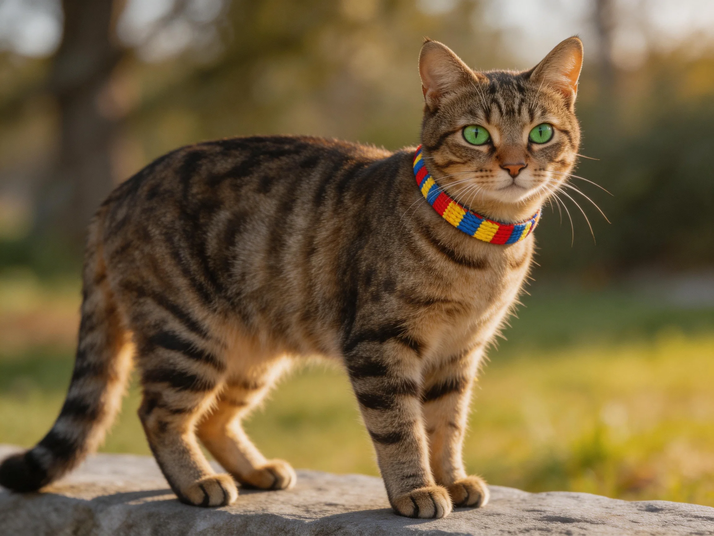 A tabby cat with green eyes wears a colorful beaded collar outdoors