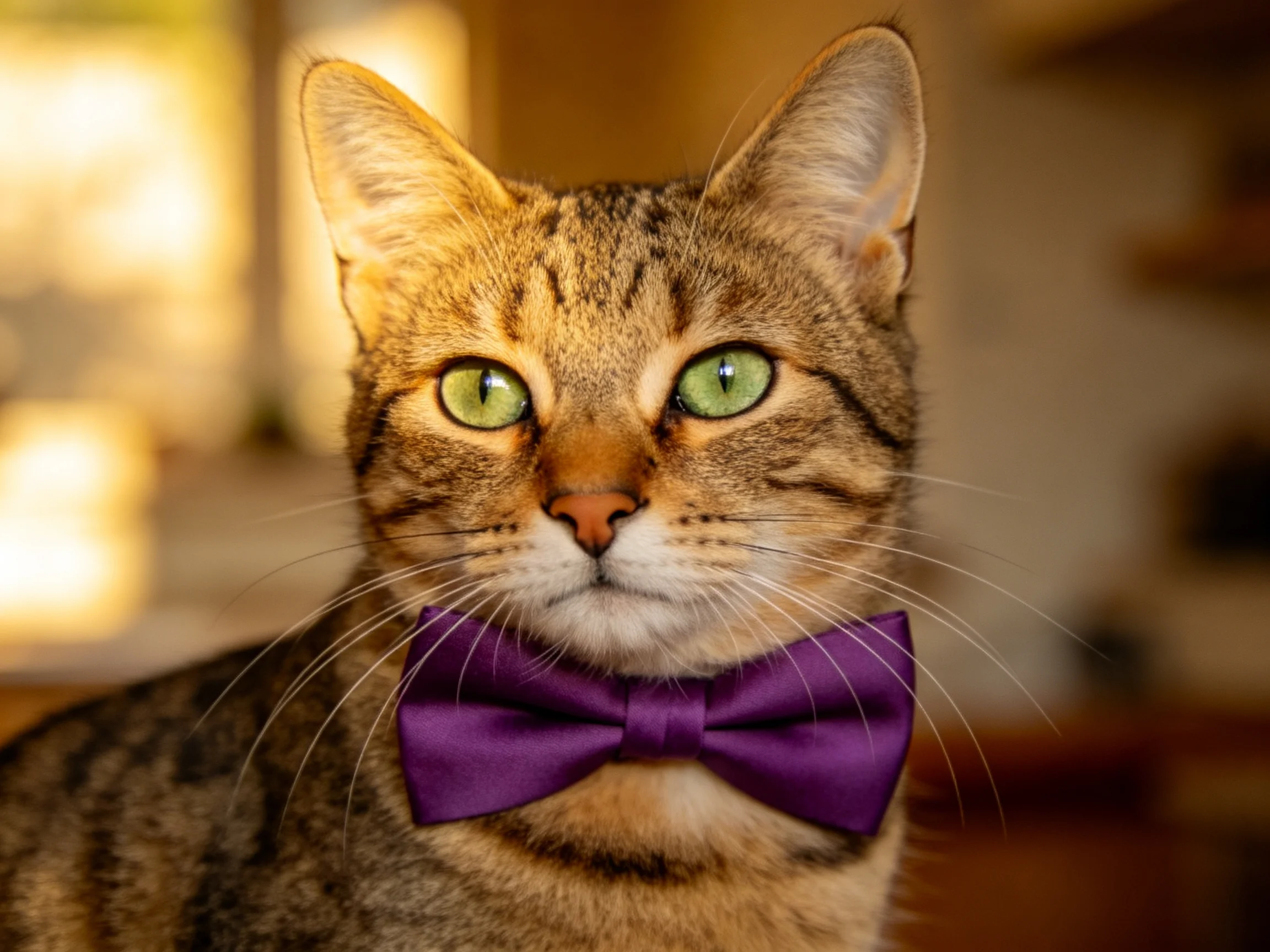 A tabby cat with green eyes wears a purple bow tie