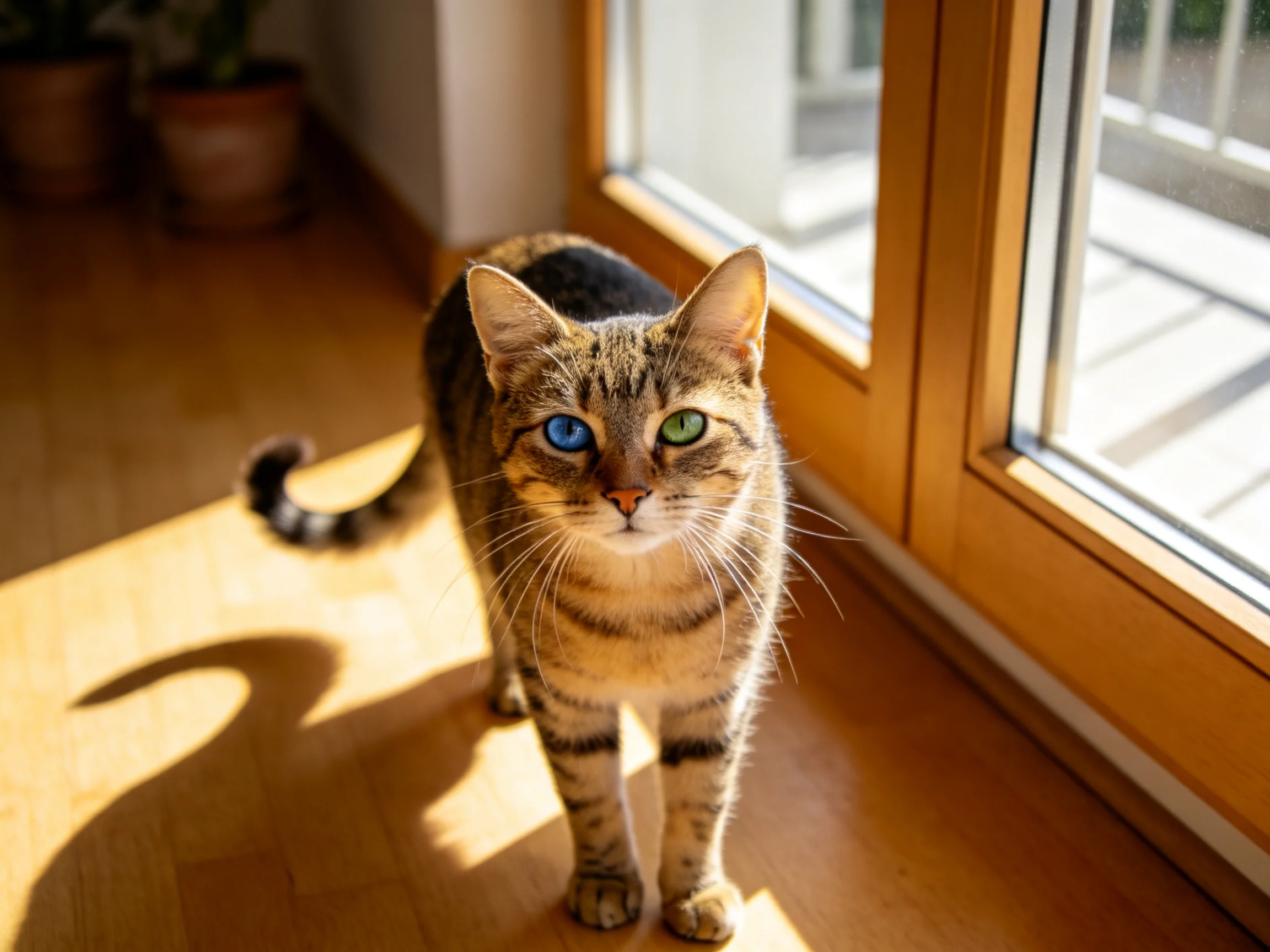 A heterochromatic tabby cat stands near glass doors in bright indoor light.