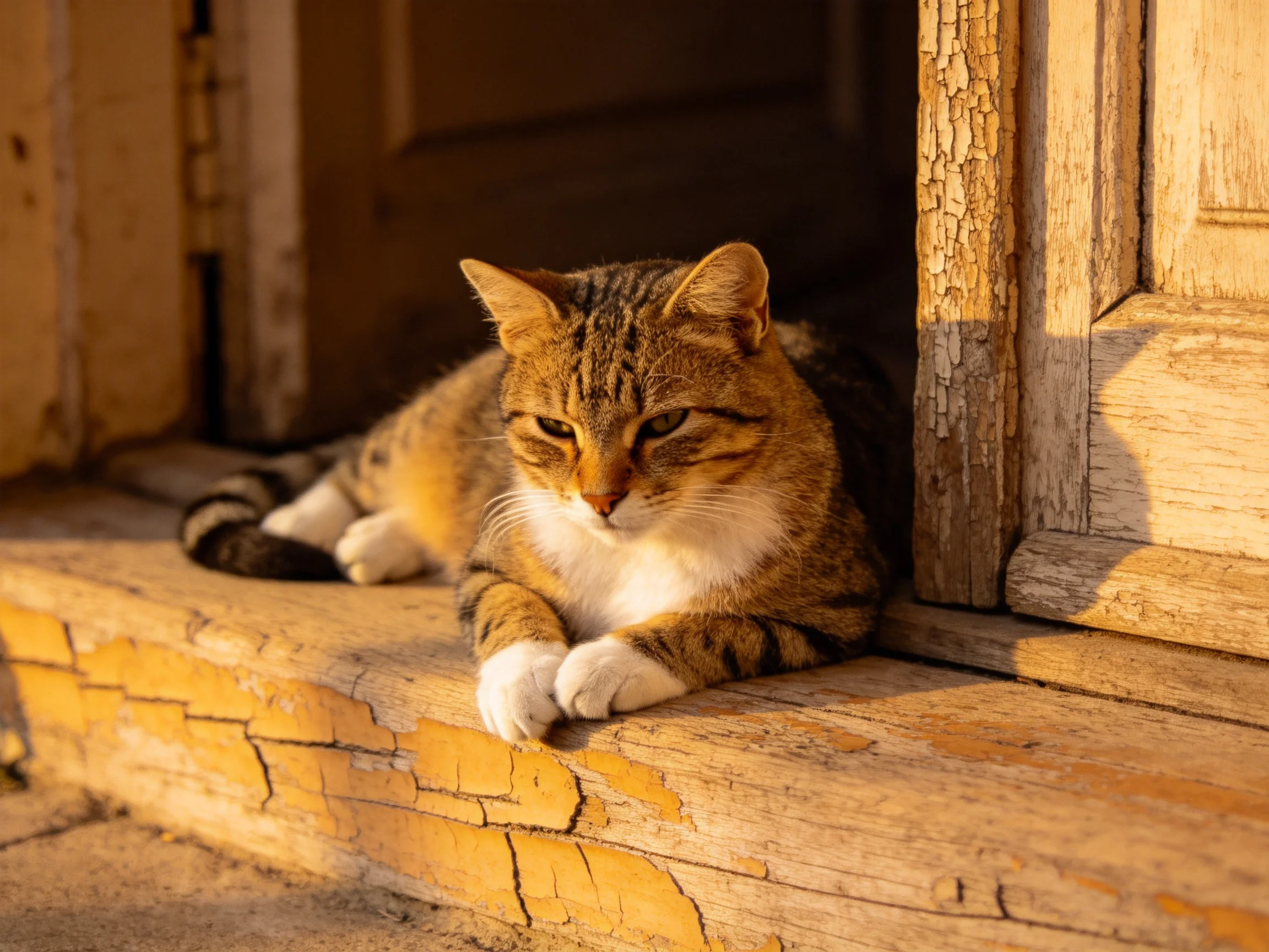 A tabby cat relaxes on a weathered wooden porch ledge in sunlight.