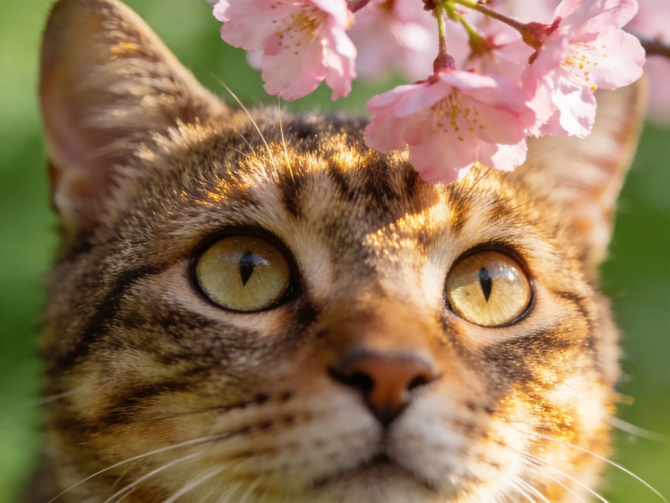 A tabby cat gazes upward beside delicate pink blossoms.