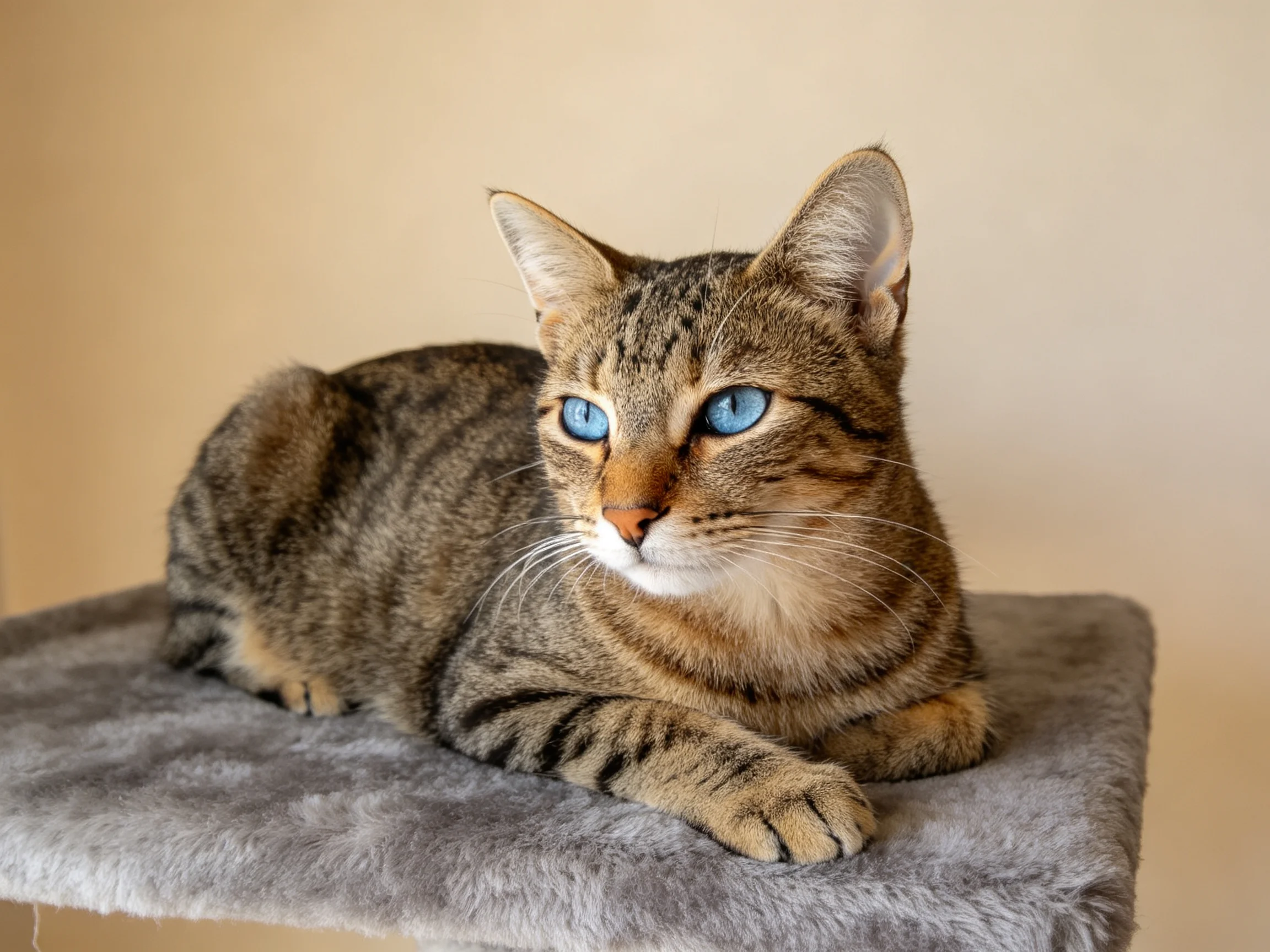 A tabby cat with blue eyes lies comfortably on a soft gray cushion