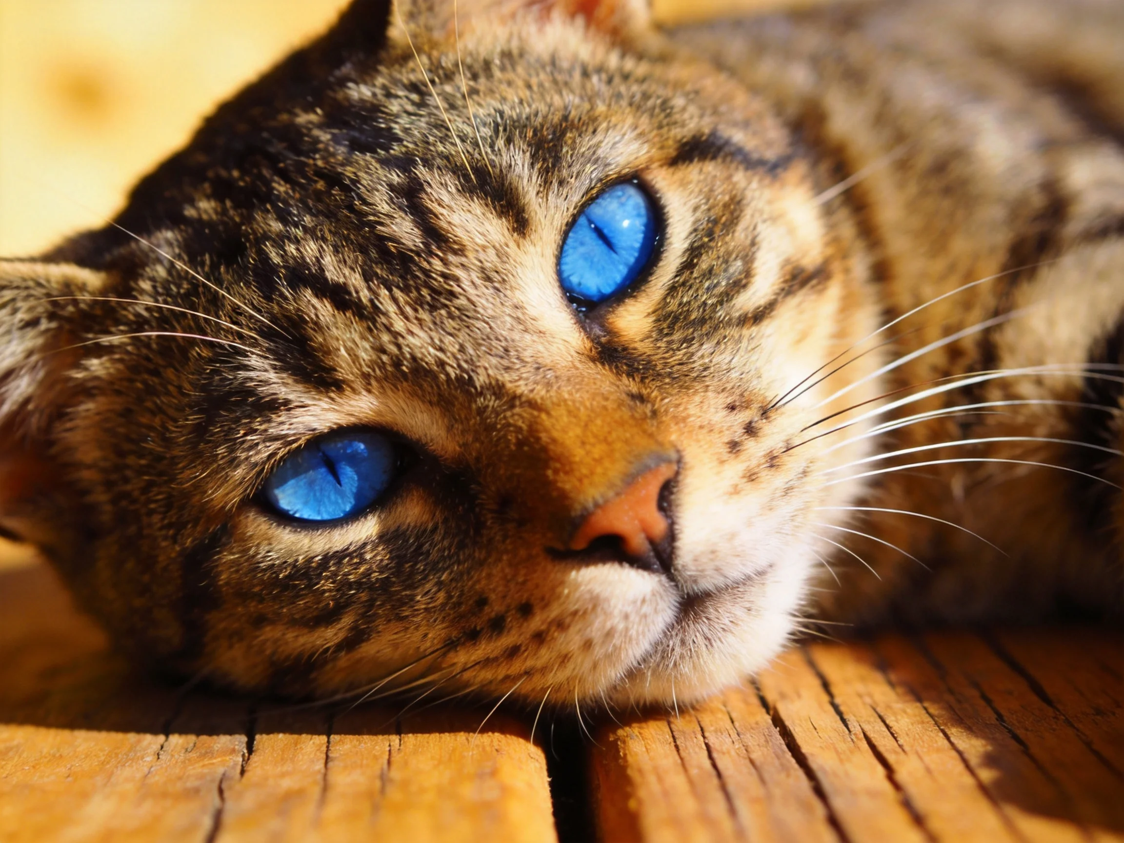 A tabby cat with bright blue eyes relaxes on wooden planks.