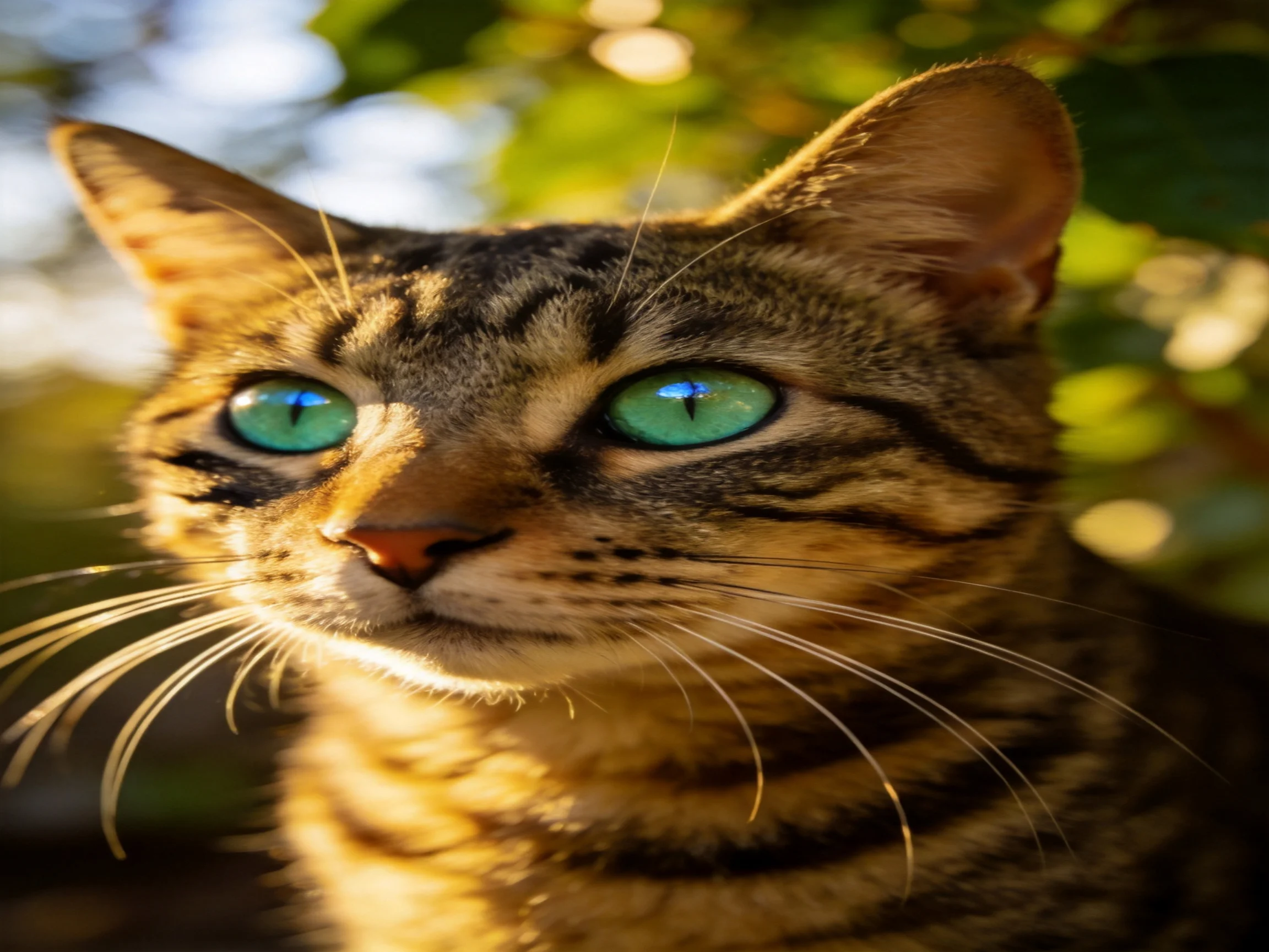 A tabby cat with striking turquoise eyes in sun-dappled foliage