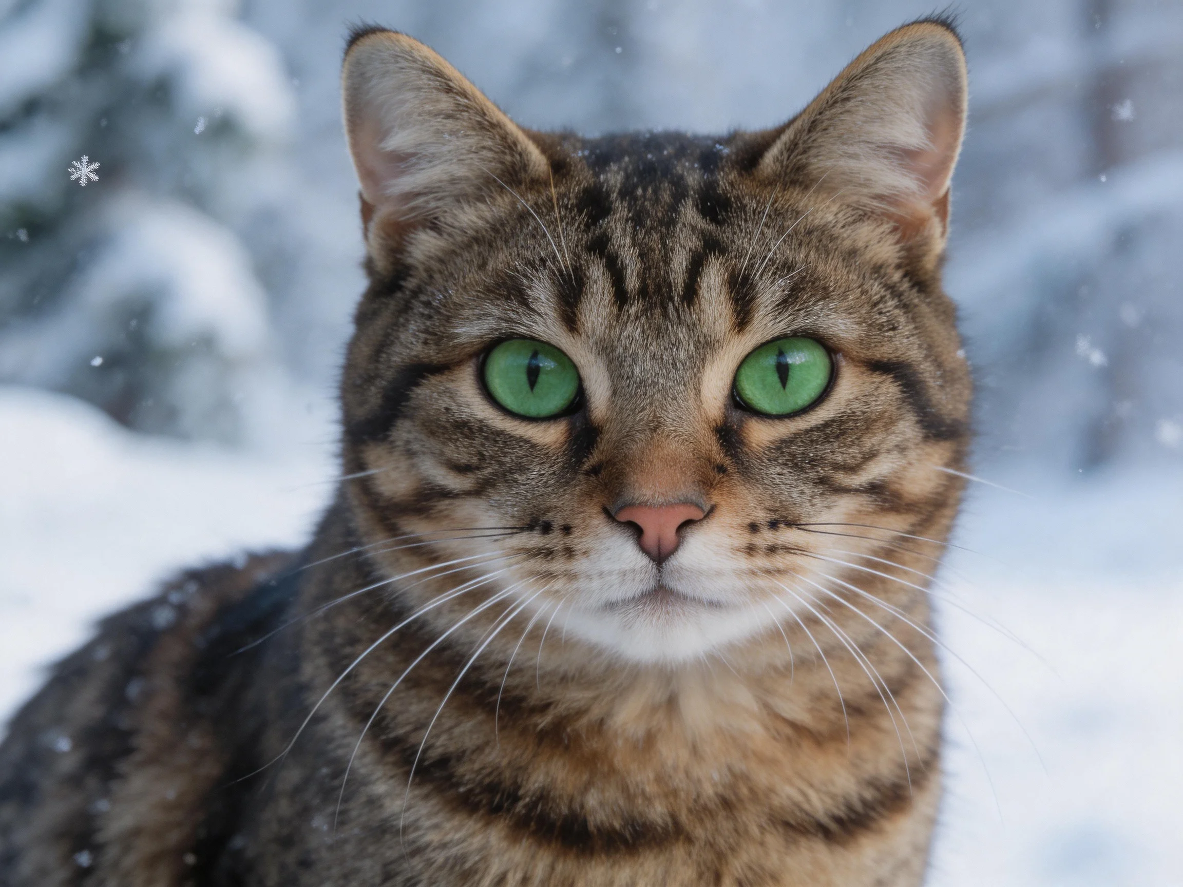 A tabby cat with green eyes is pictured outdoors amid a snowy landscape.