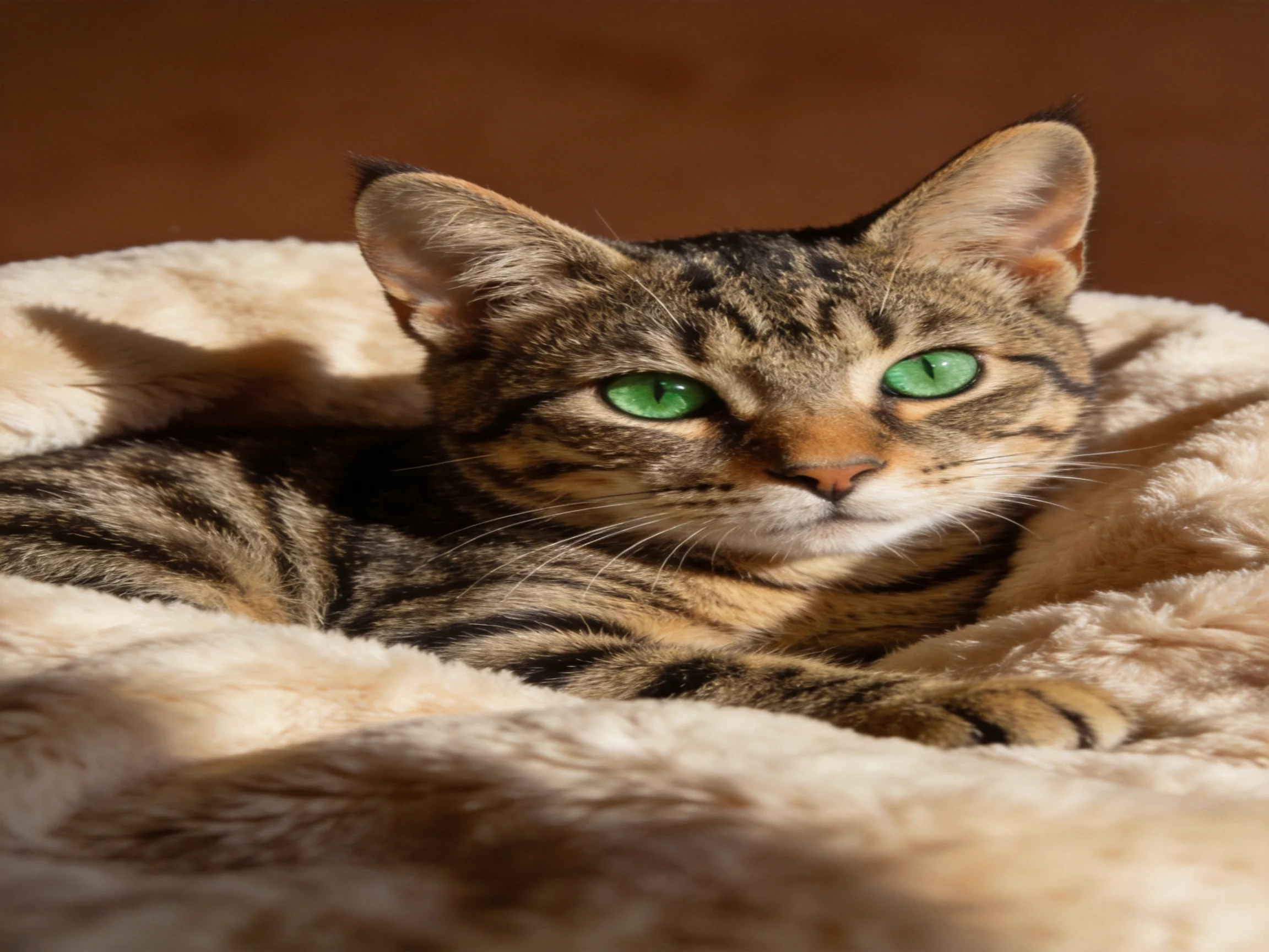 A tabby cat with green eyes relaxes on a soft bed in a sunlit setting.