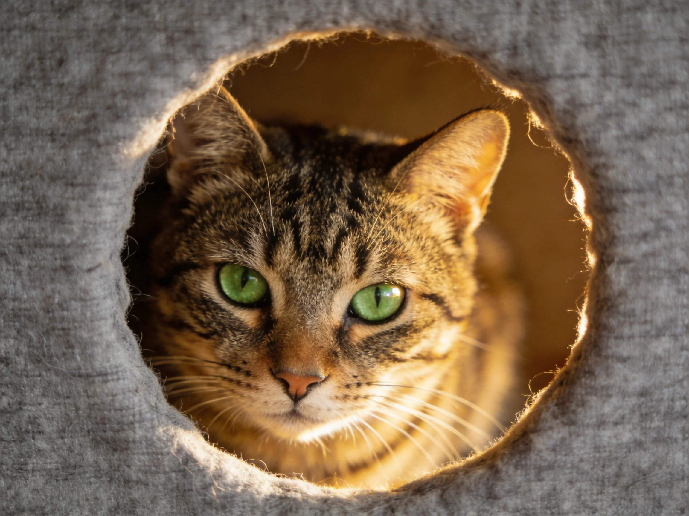 A tabby cat with green eyes looks through a gray fabric opening