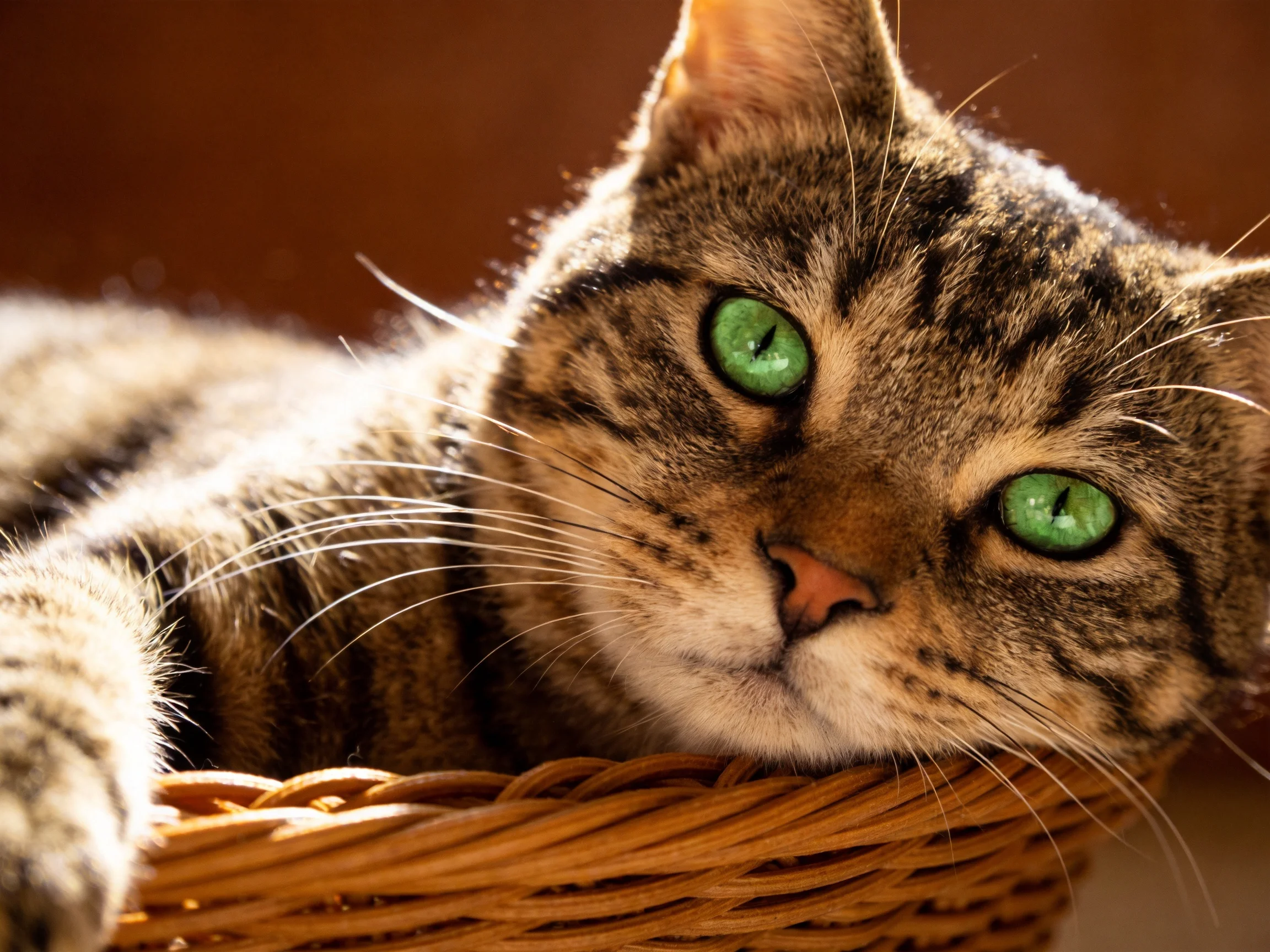 A tabby cat with bright green eyes relaxes in a wicker basket lit by warm light.