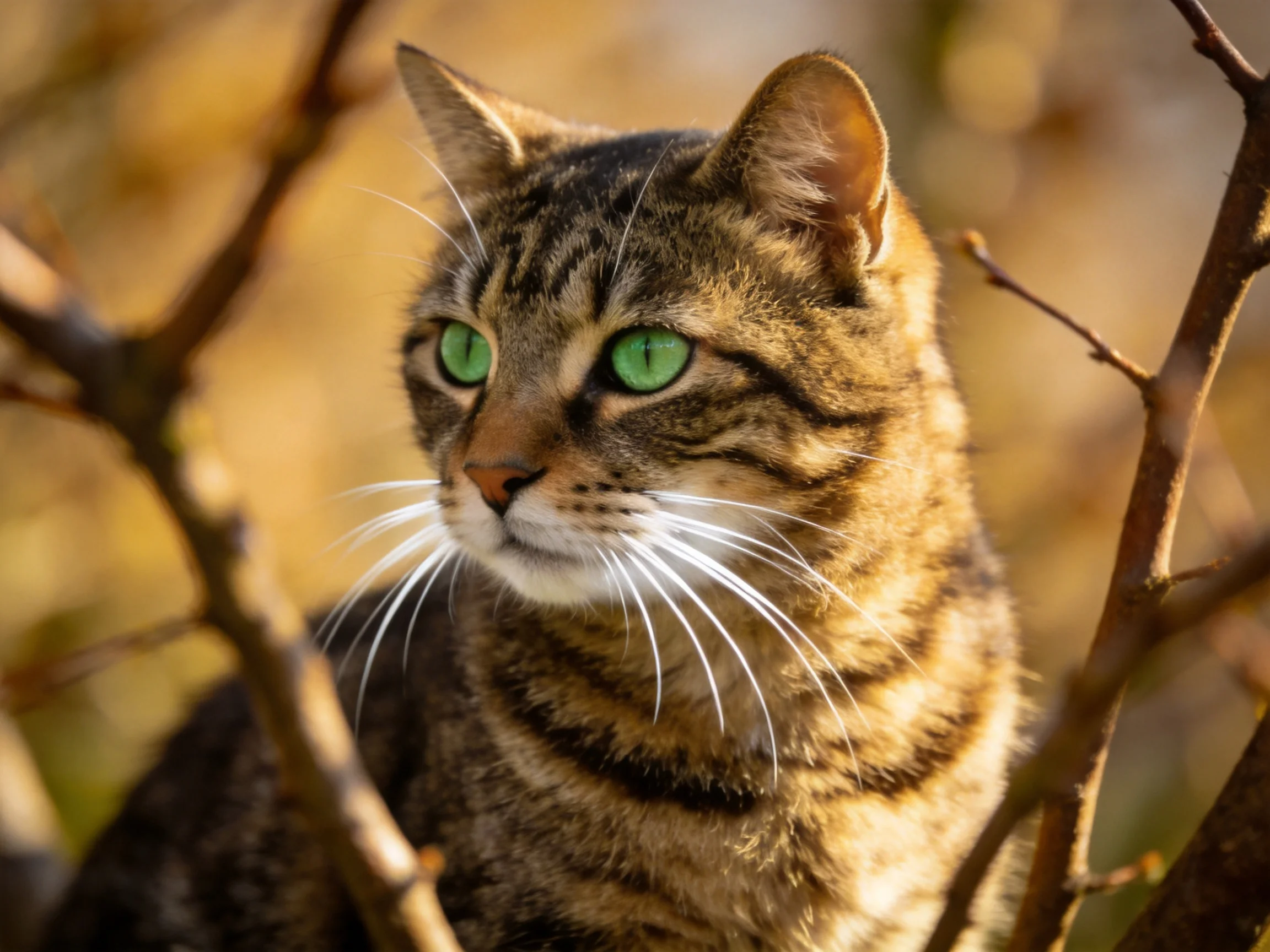 A tabby cat with green eyes is near brown tree branches