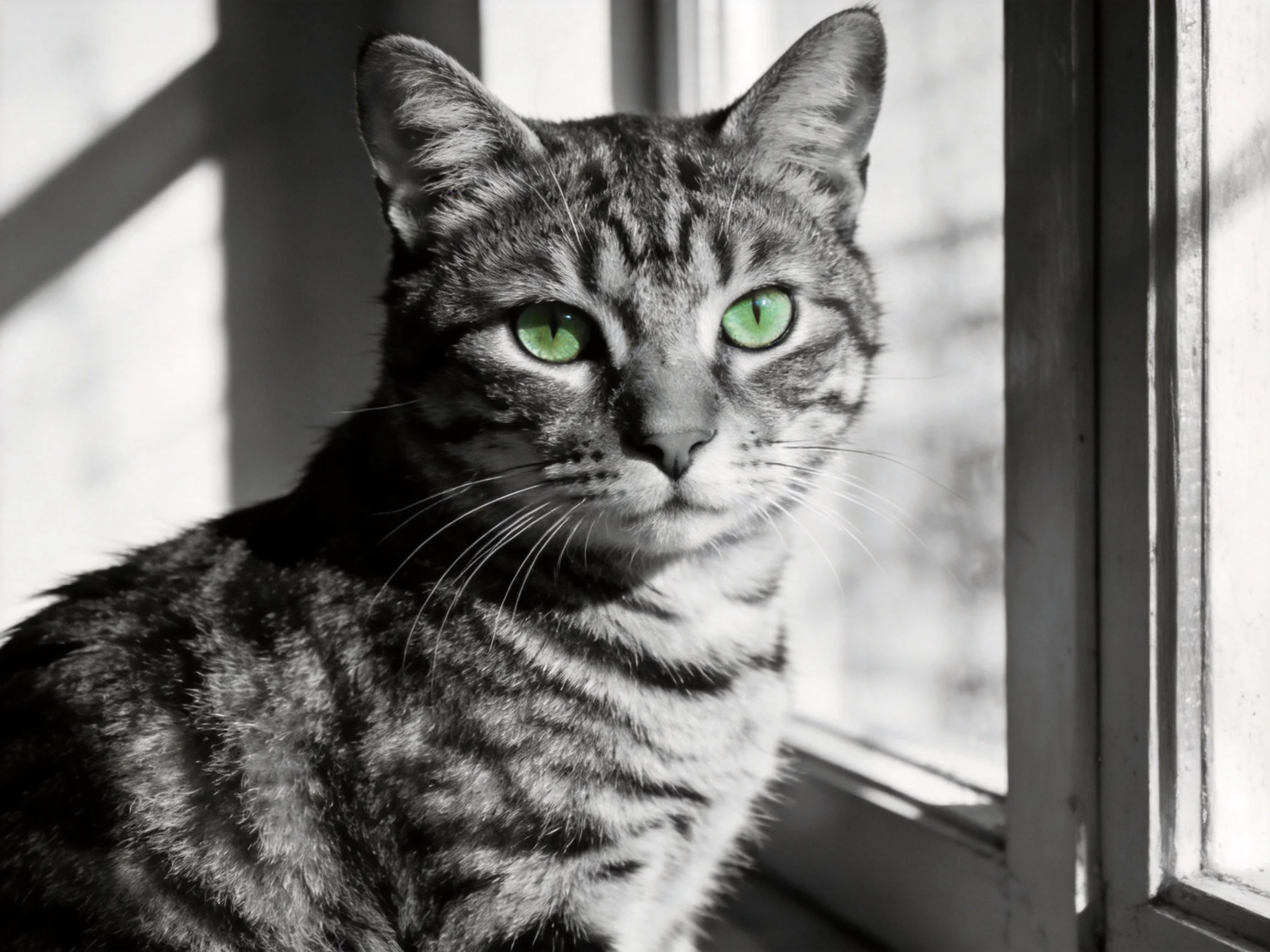 A tabby cat with green eyes sits near a sunlit window.