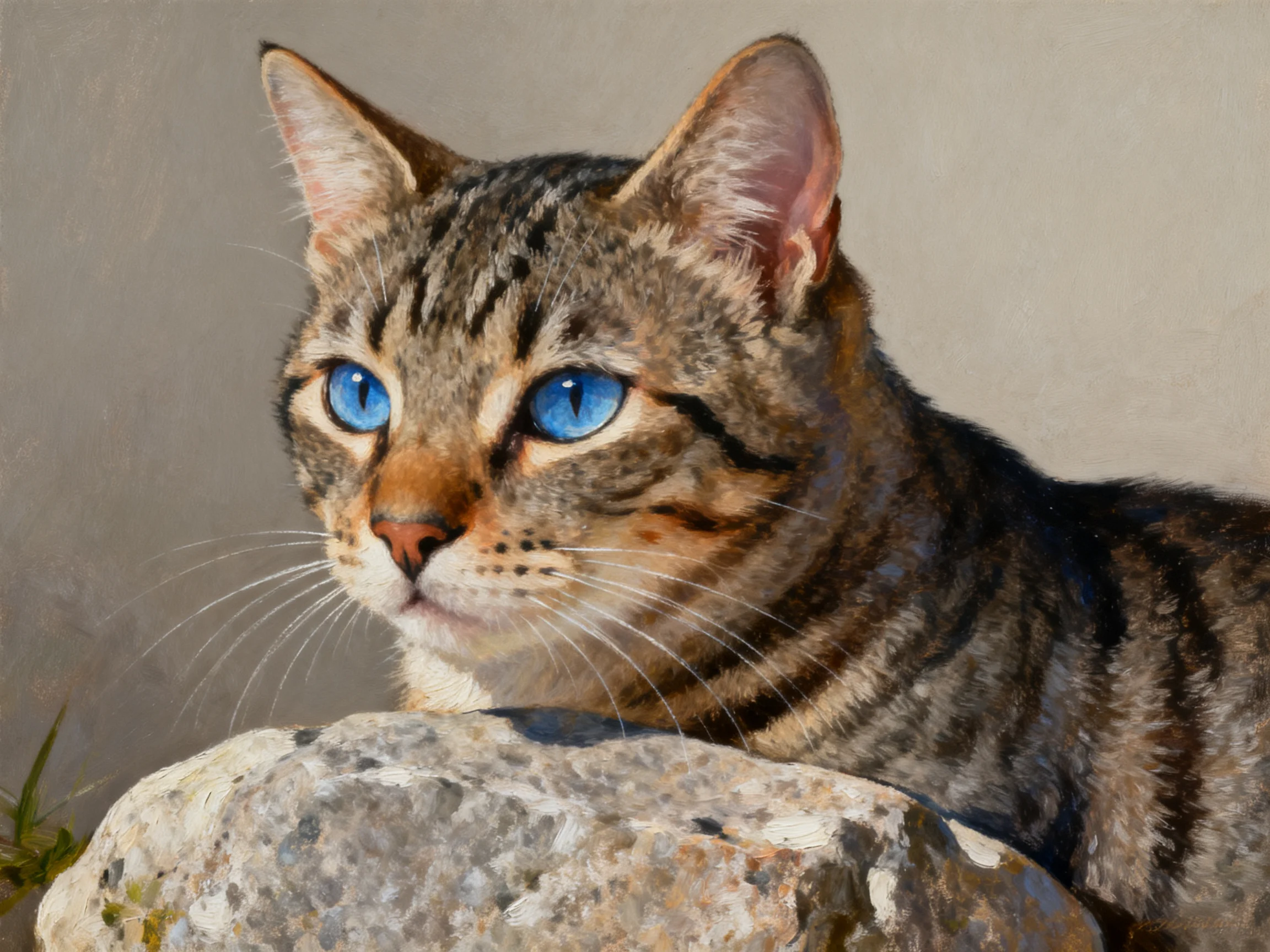 A tabby cat with vivid blue eyes rests near a weathered stone