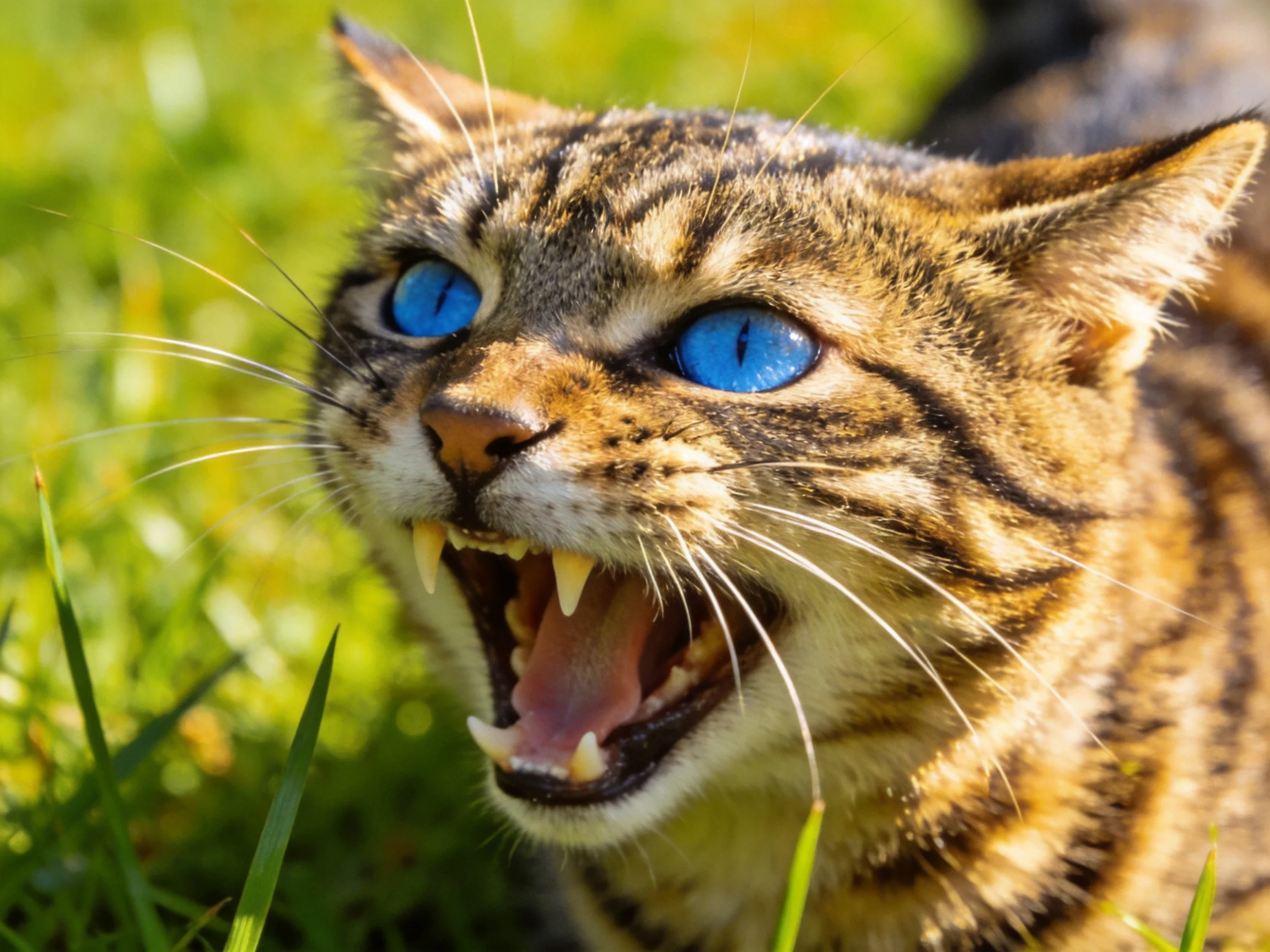 A tabby cat with blue eyes roars in a grassy outdoor setting.