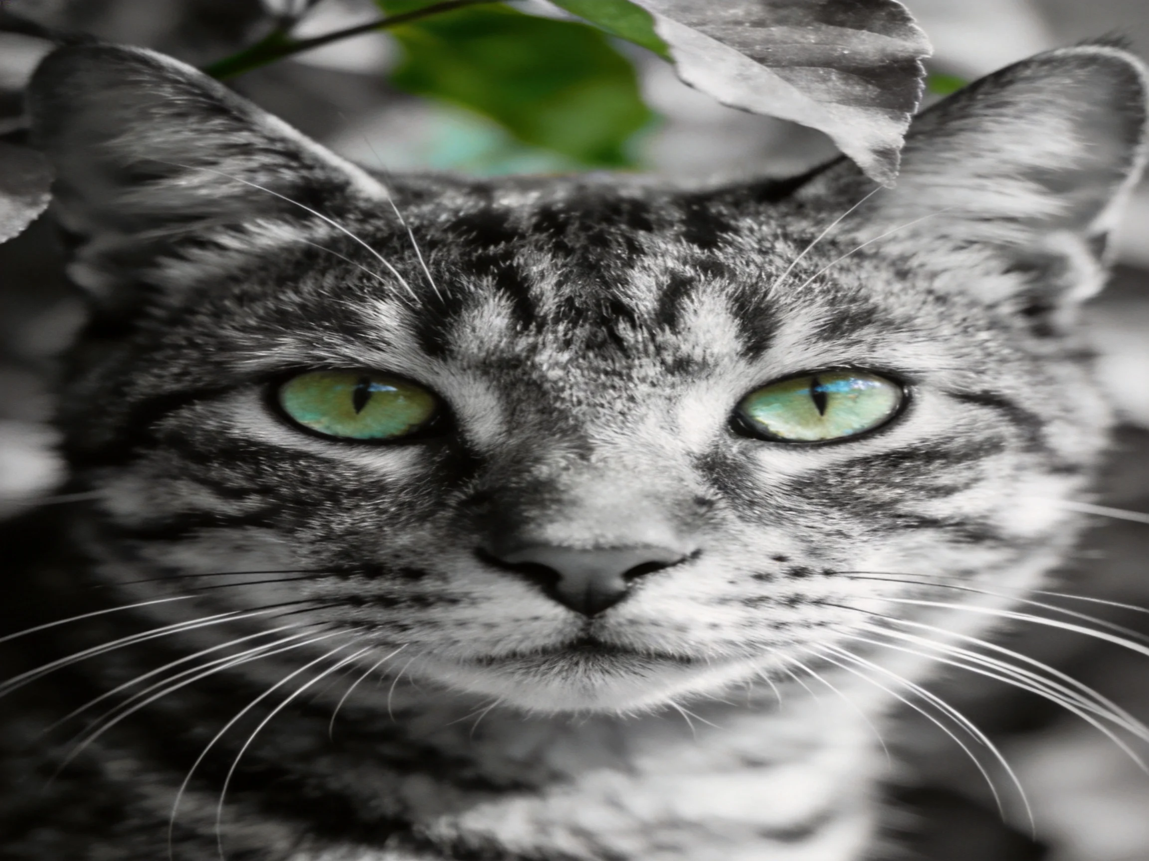 A close - up of a tabby cat with bright green eyes set against a monochrome backdrop.