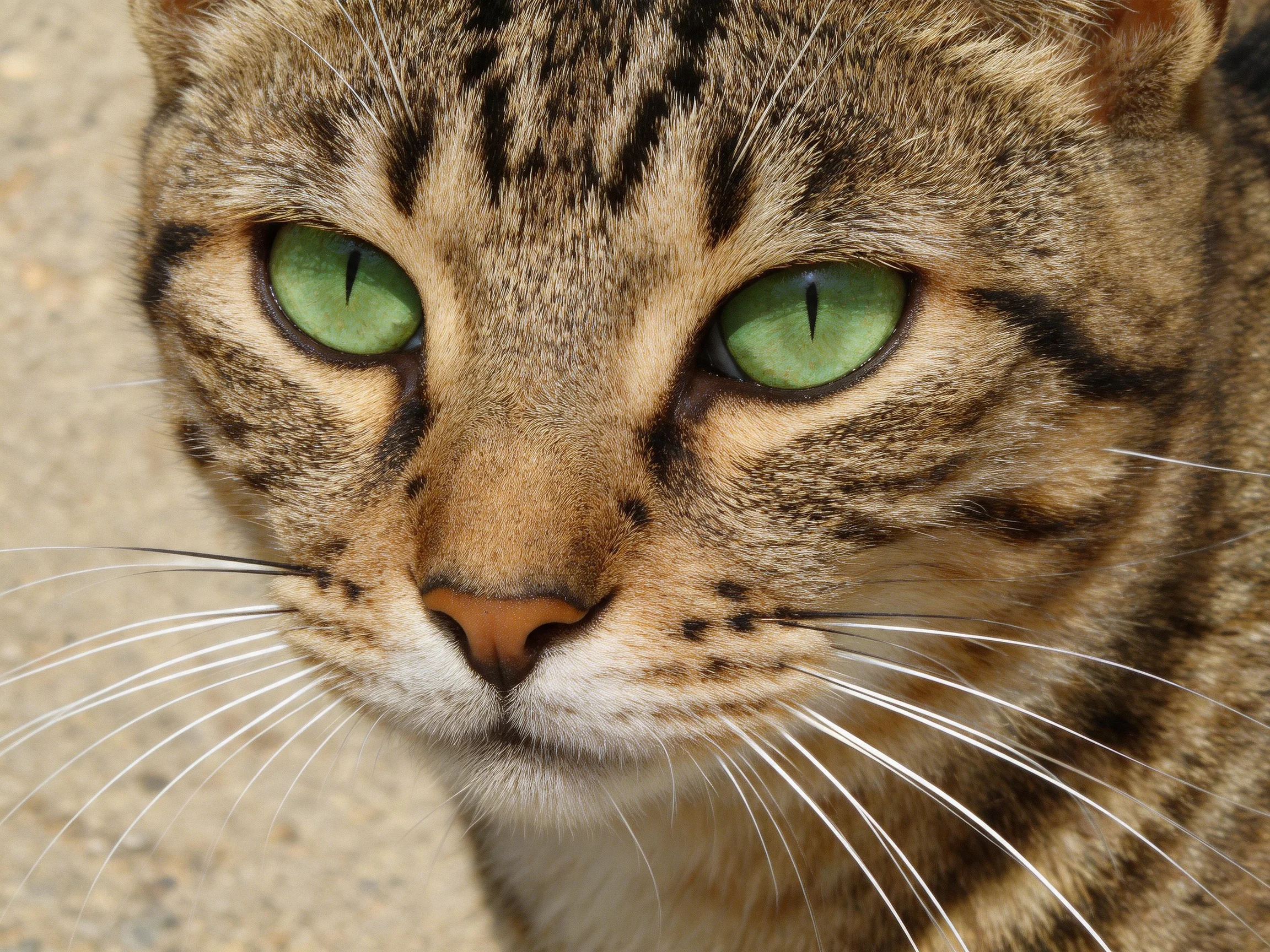 A close - up of a tabby cat with bright green eyes and patterned fur.