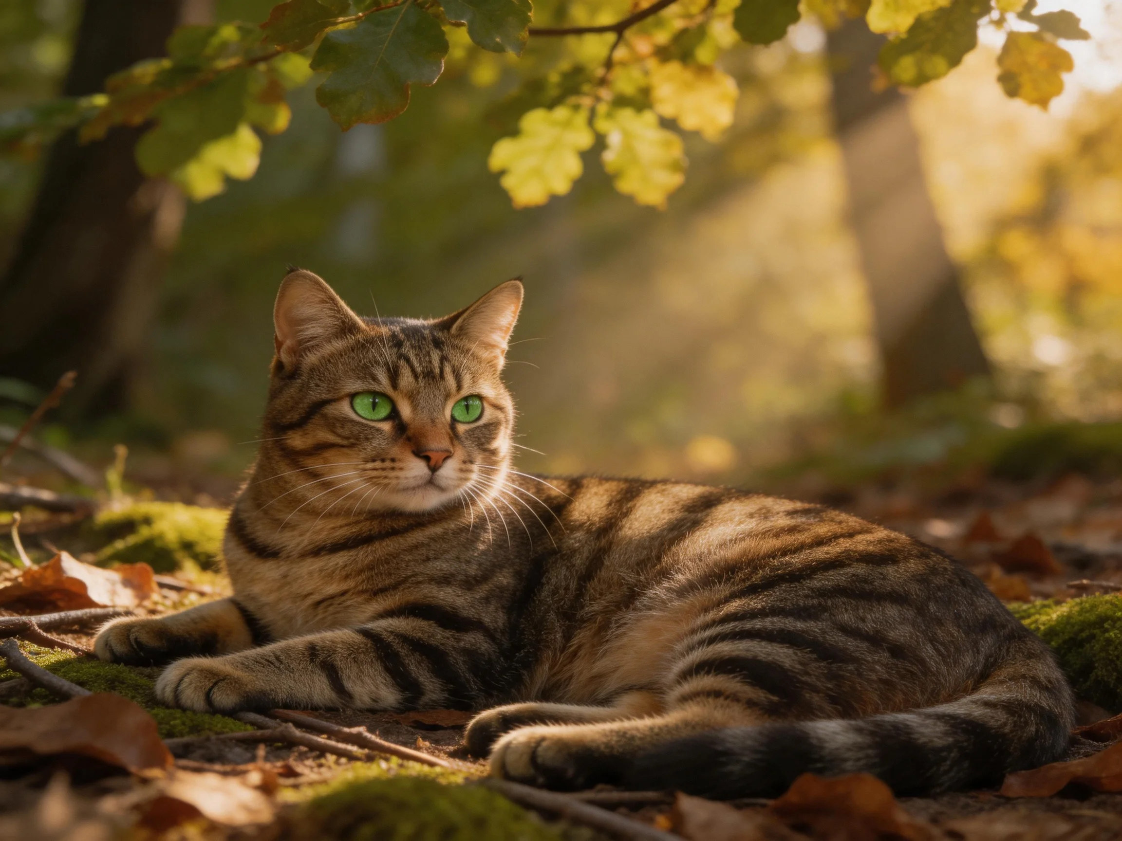 A tabby cat with green eyes relaxes in a sunlit forest clearing.