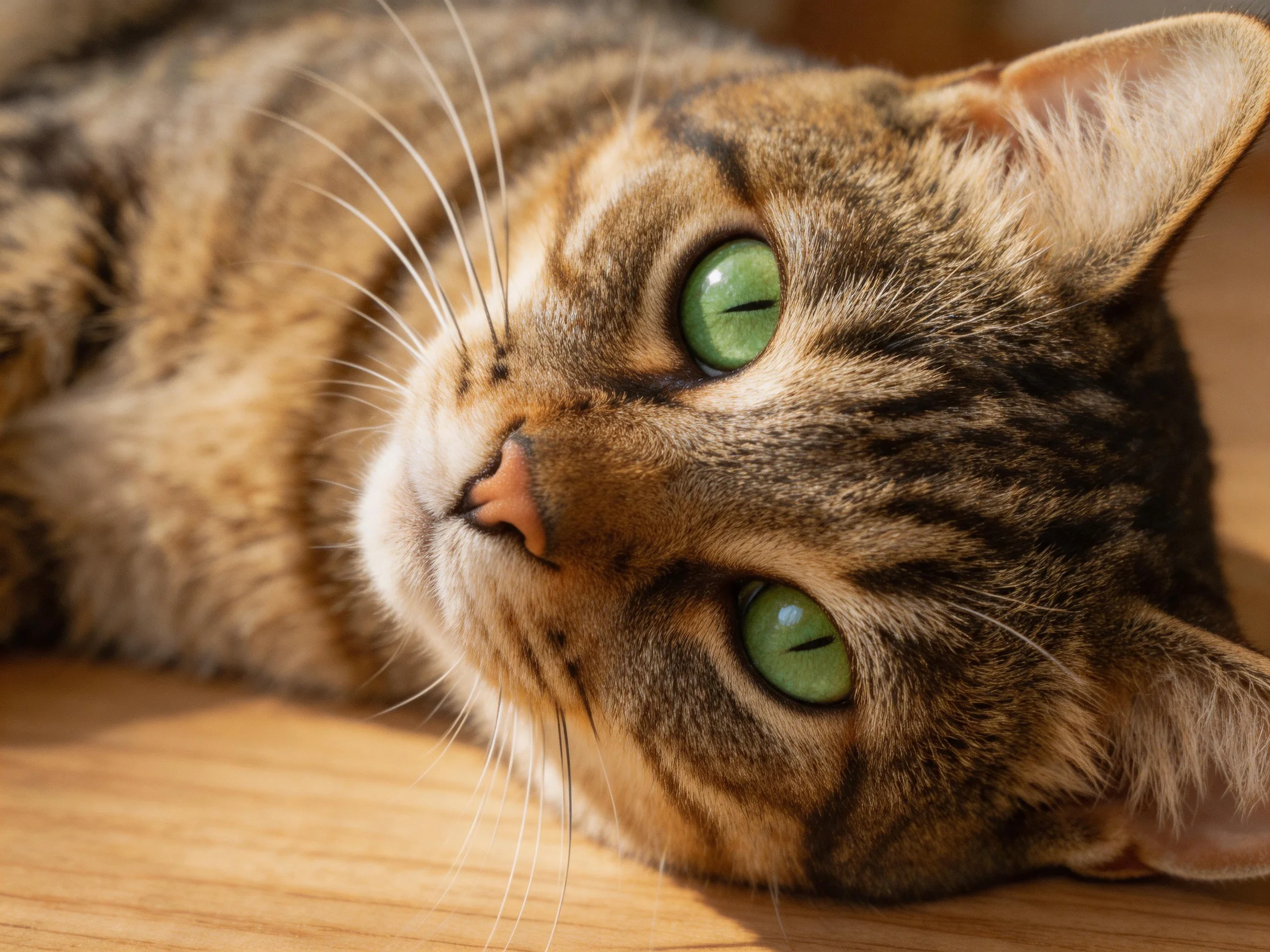 A tabby cat with bright green eyes rests calmly on a wooden surface.