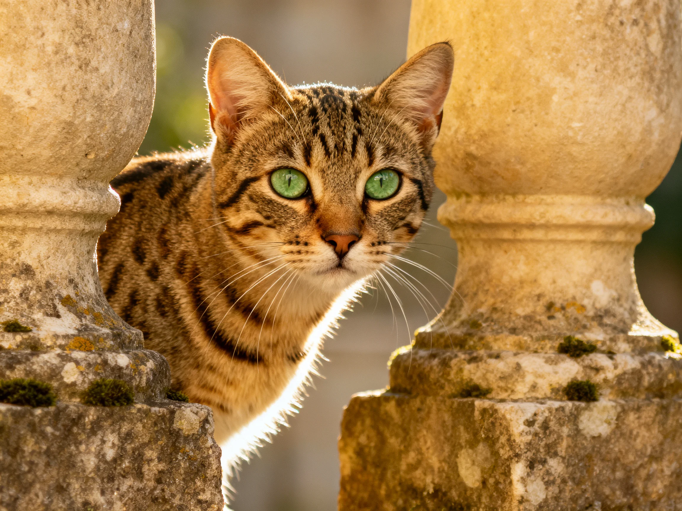 A tabby cat with green eyes peeks from between aged stone pillars.