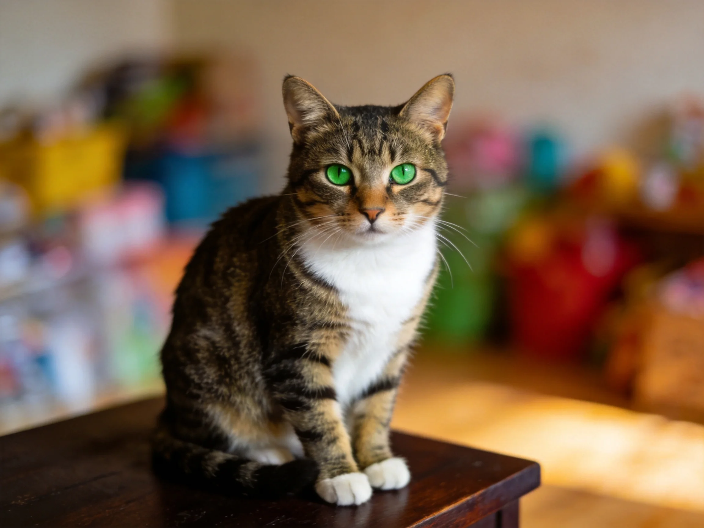 A tabby cat with green eyes sits on a dark wooden surface.