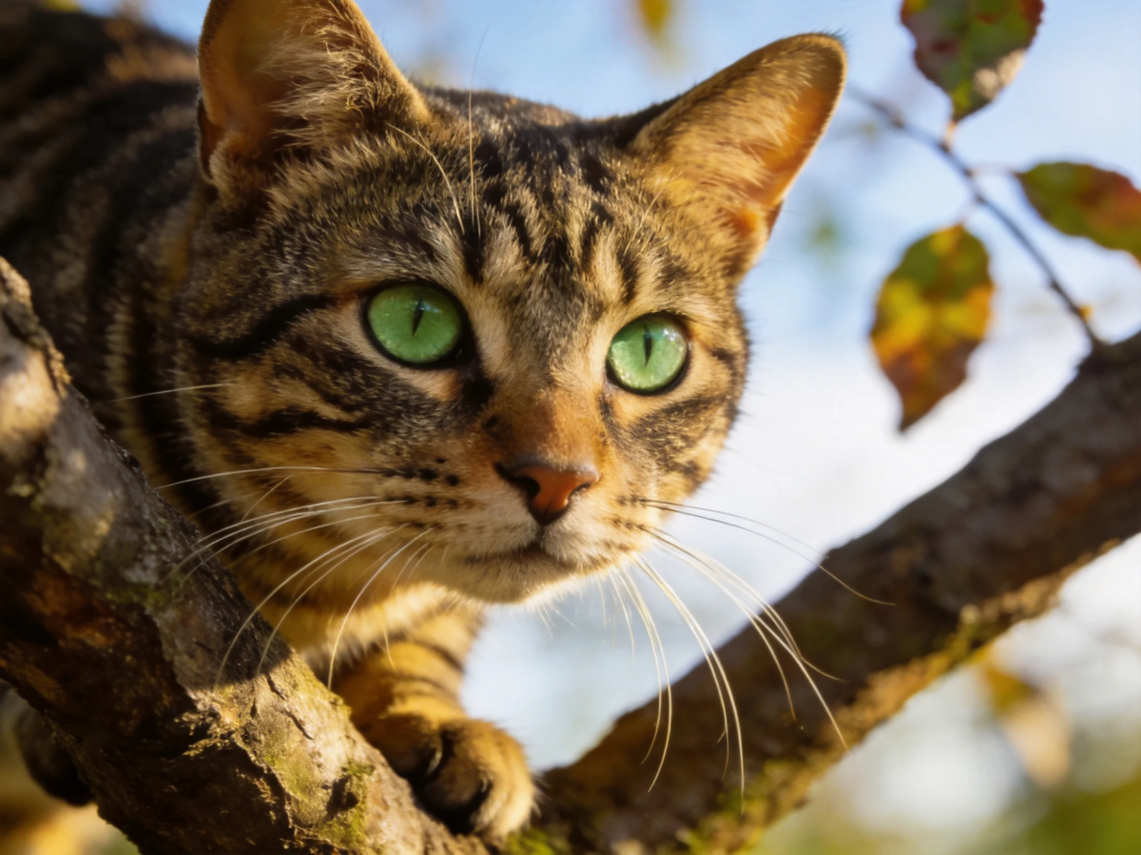 Tabby cat with green eyes rests on tree branches in natural light.