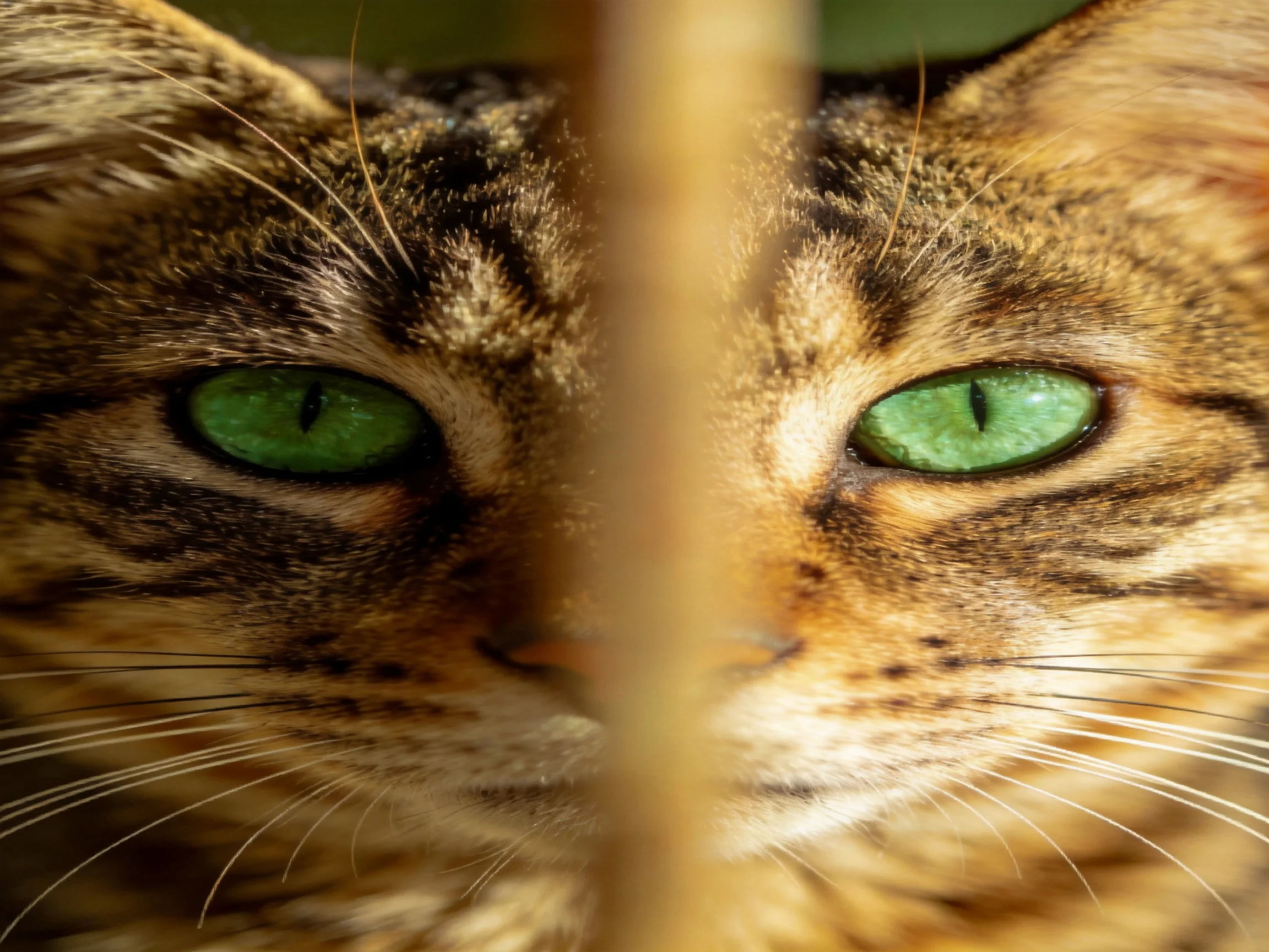 A tabby cat’s face is partially hidden by a wooden structure, emphasizing its green eyes.