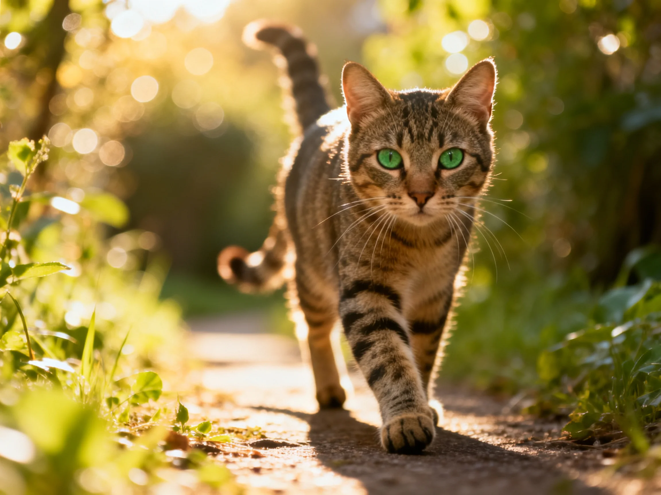 A tabby cat with green eyes walks on a sunlit path in a green, leafy area.
