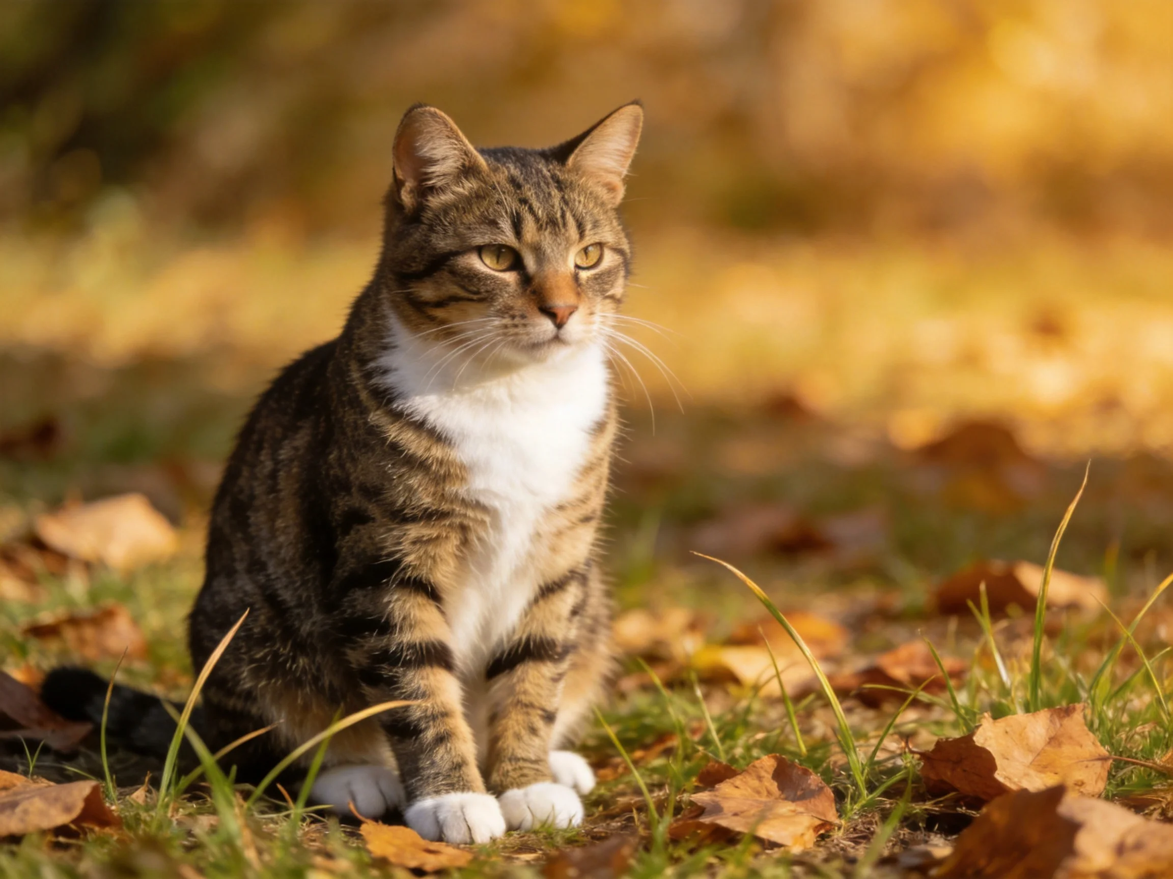 A tabby cat with white chest sits among autumn leaves in a sunlit area