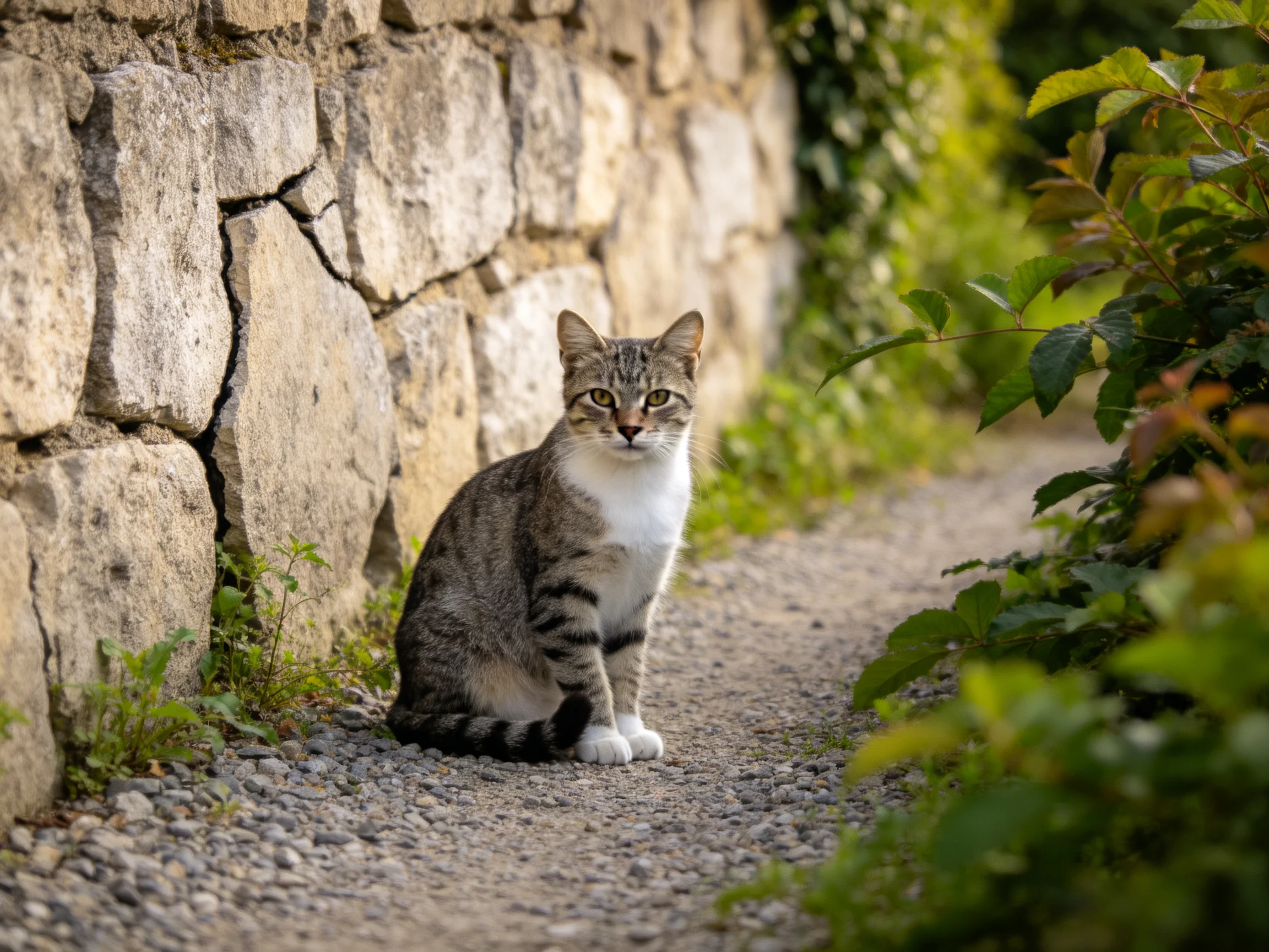 A tabby cat with white chest sits by a stone wall on a gravel path