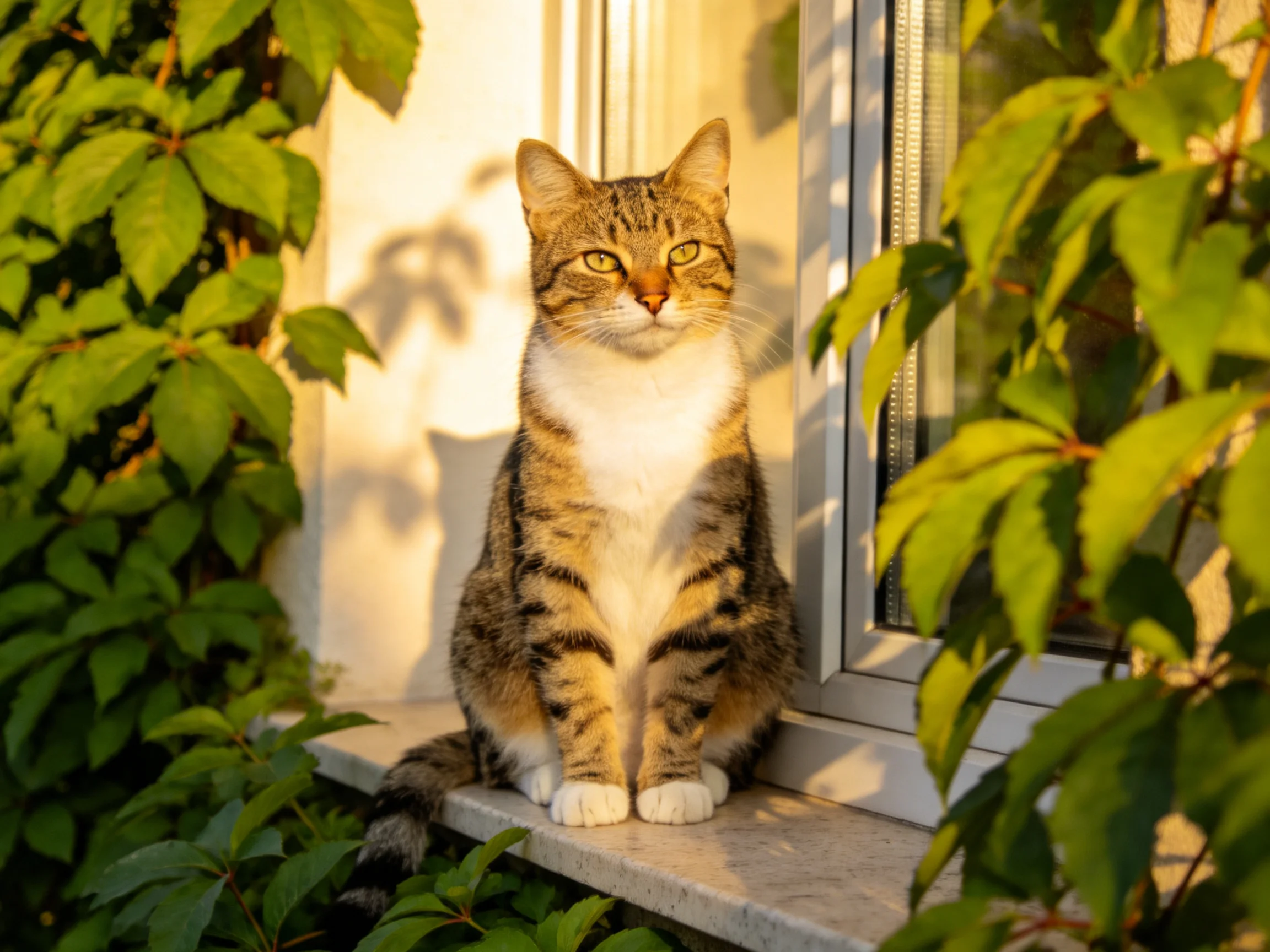 A tabby cat with white chest sits by a sunlit window surrounded by green foliage