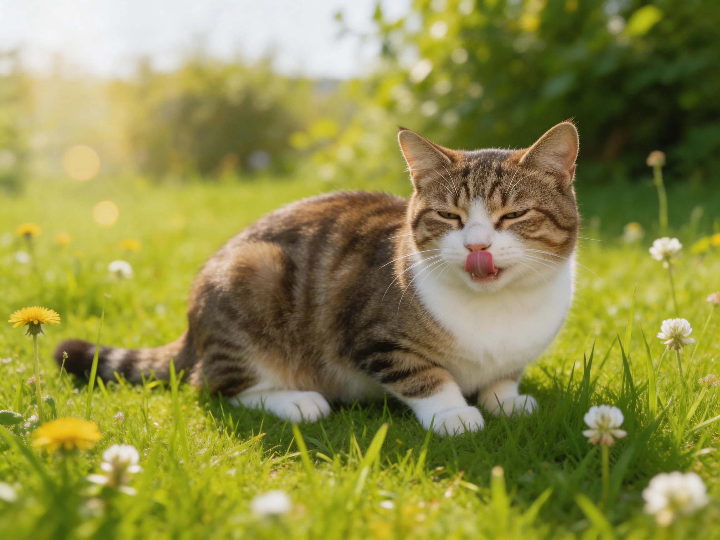 A tabby cat with white chest sits in bright green grass near dandelions and clover