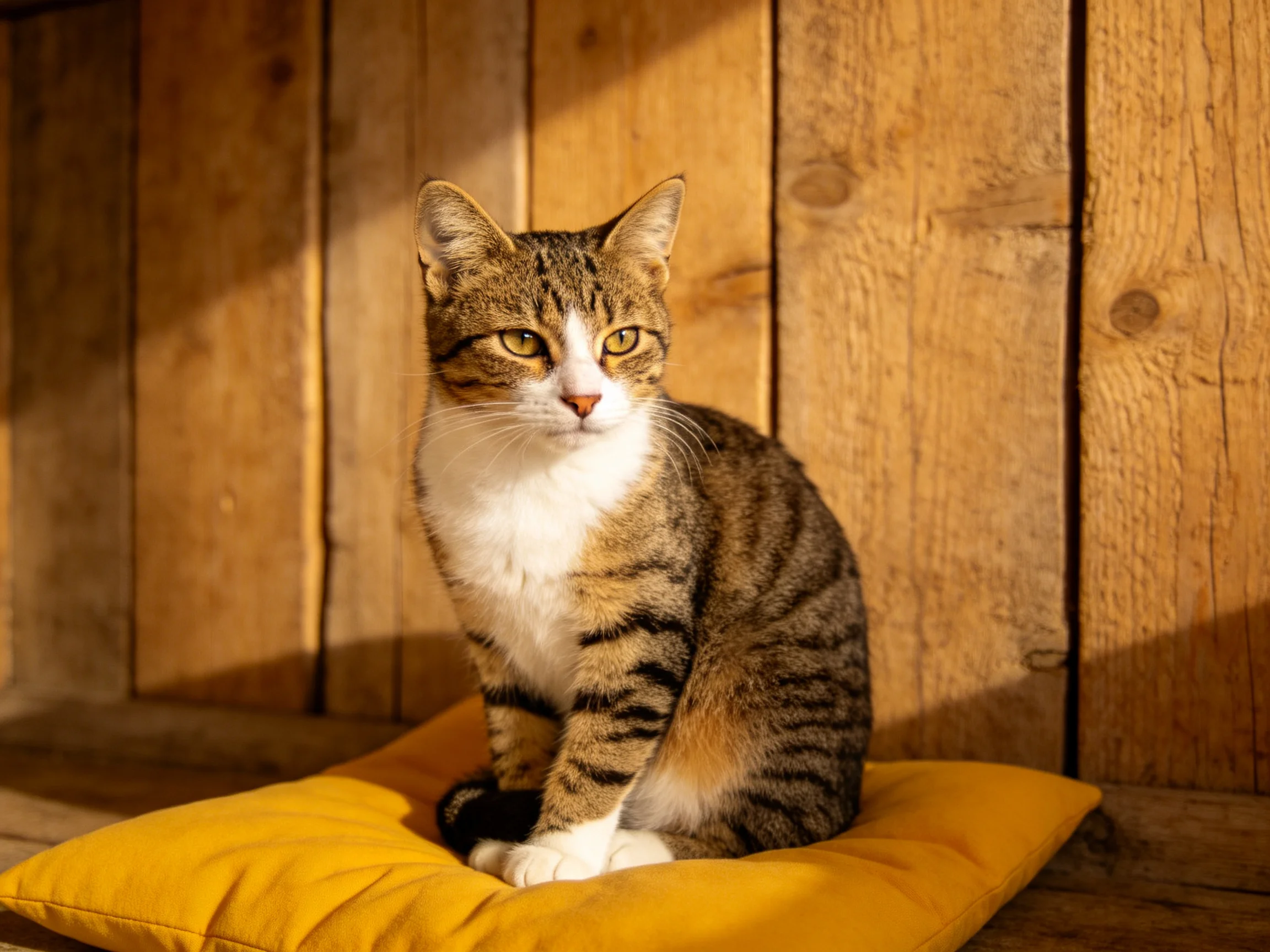 A tabby cat with white chest sits on a bright yellow cushion near wooden walls