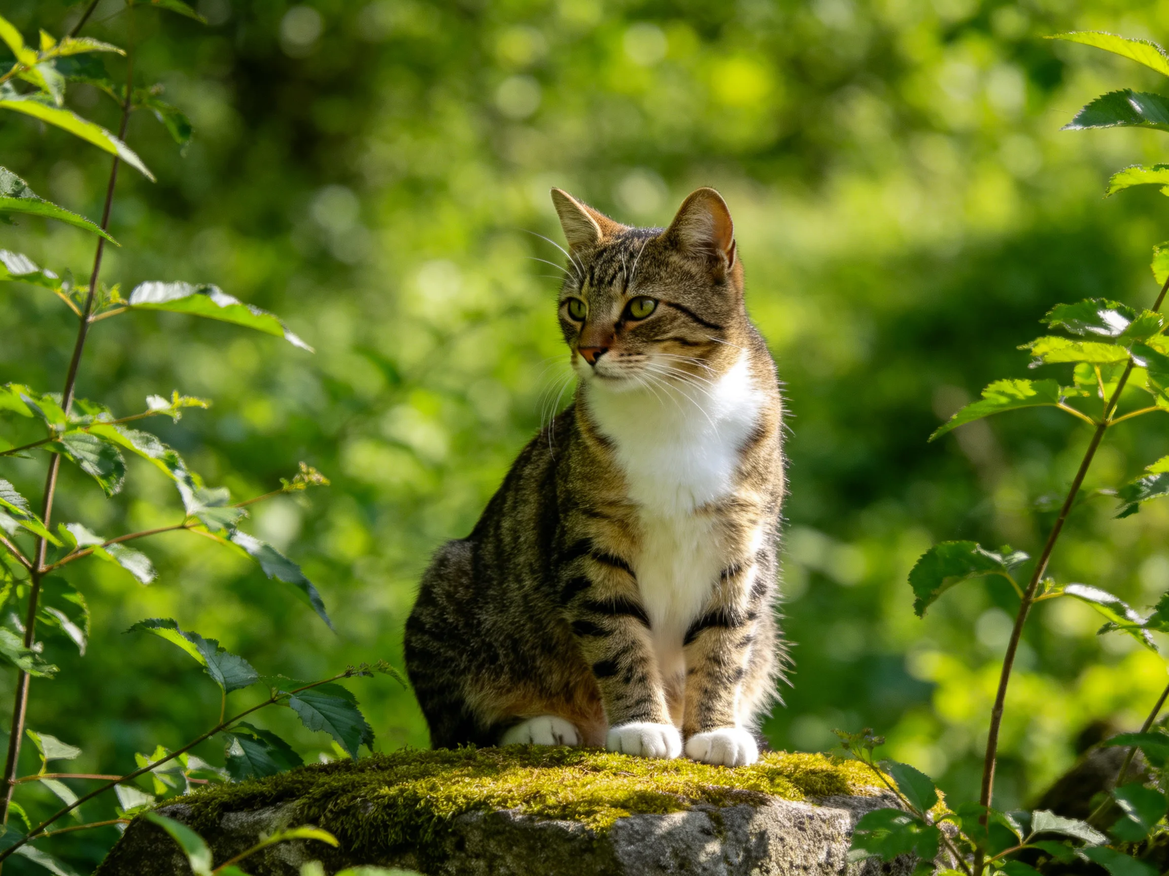 A tabby cat with white chest sits on a moss-covered stone amid lush green foliage