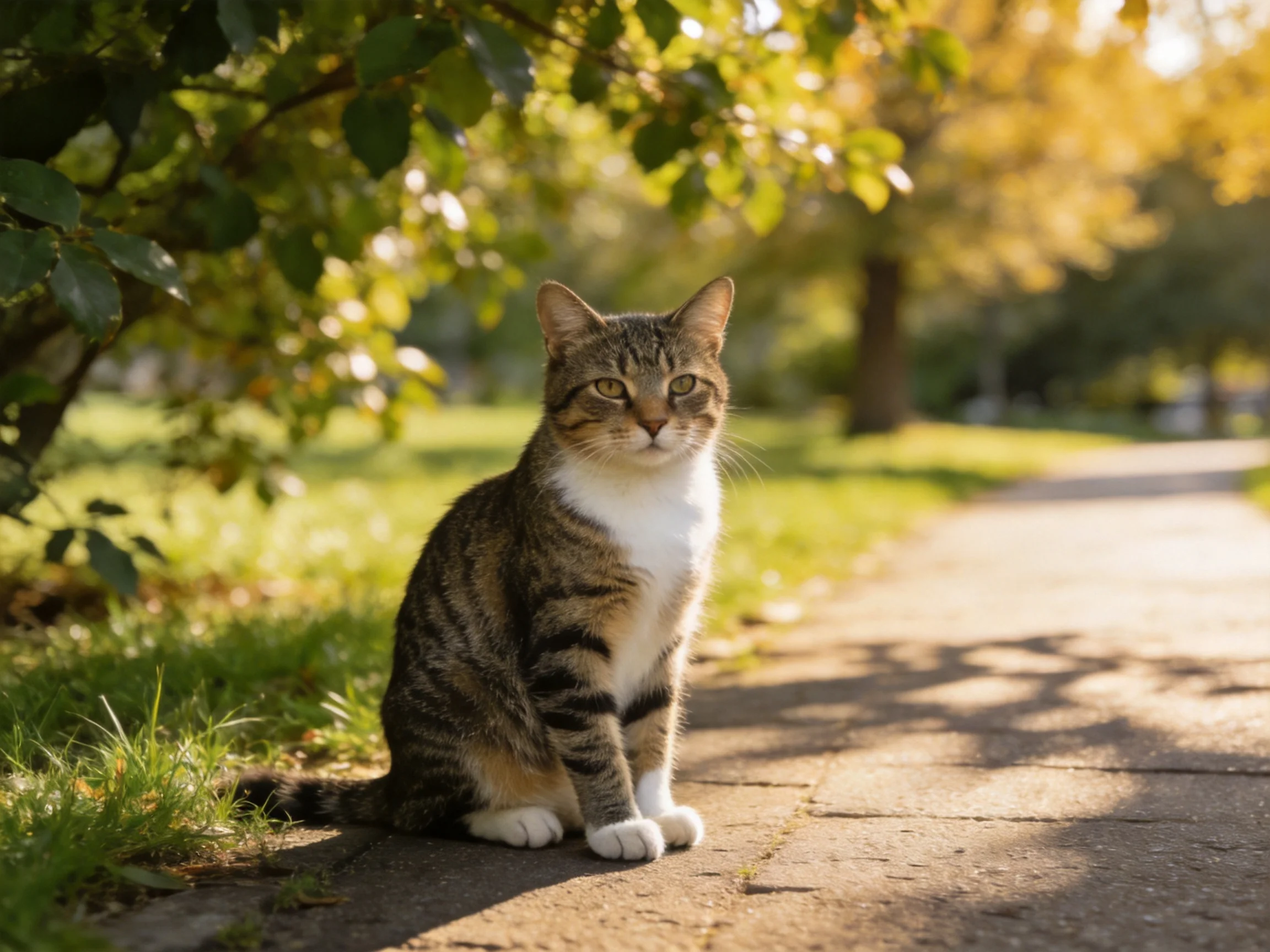 A tabby cat with white chest sits on a sunlit park path