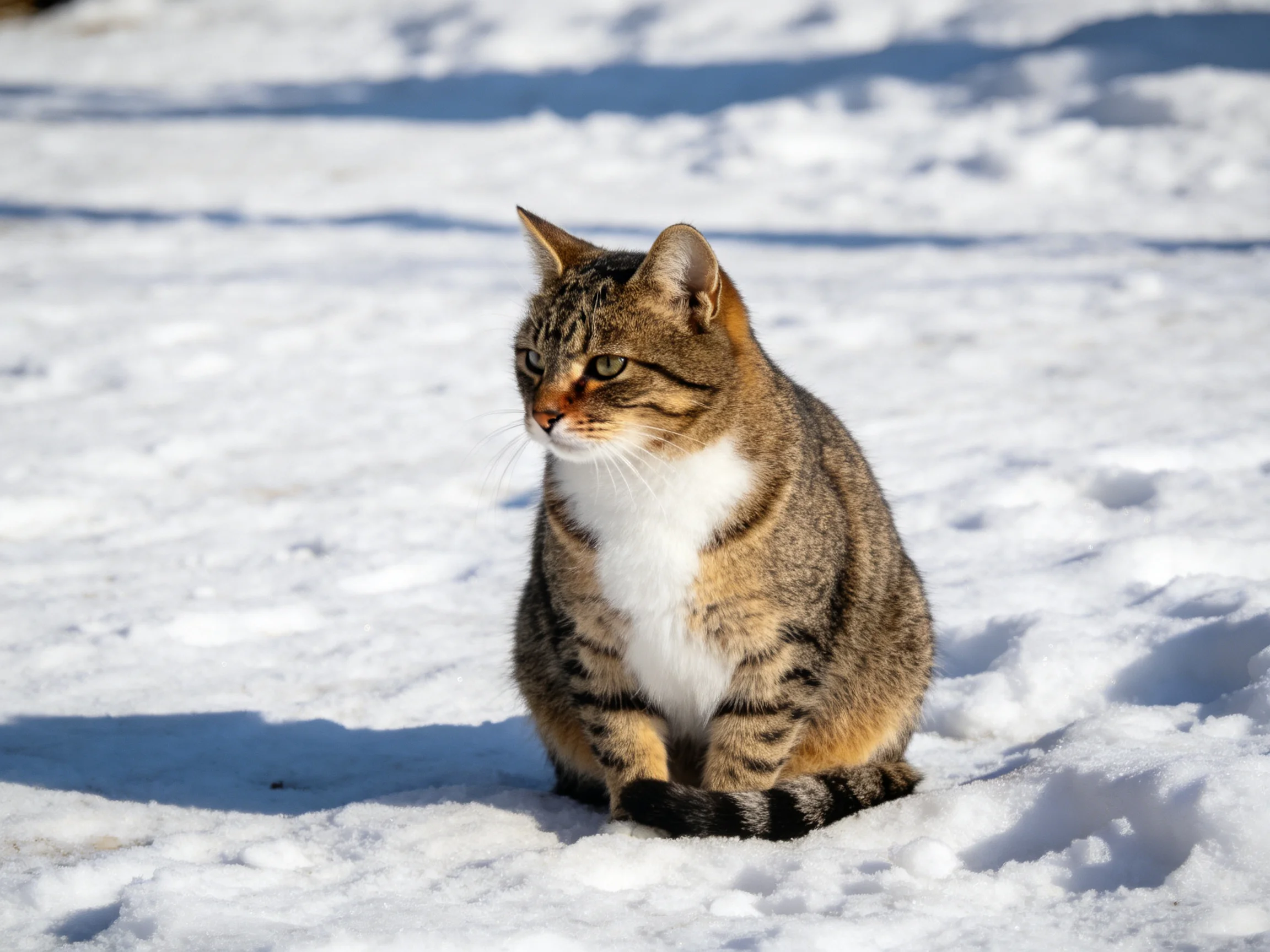 A tabby cat with white chest sits on glistening snow