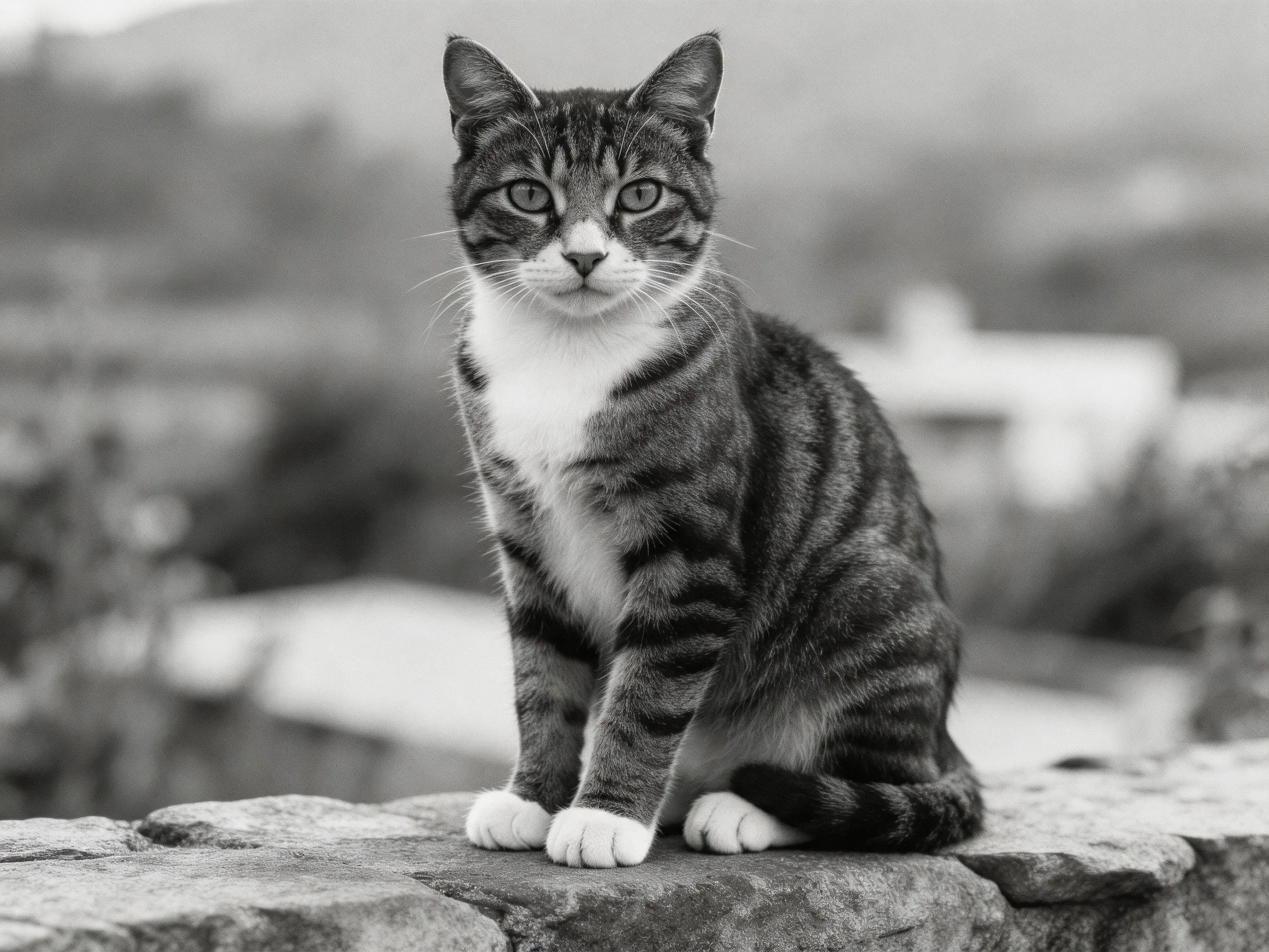A tabby cat with white chest sits on stone near blurred landscape