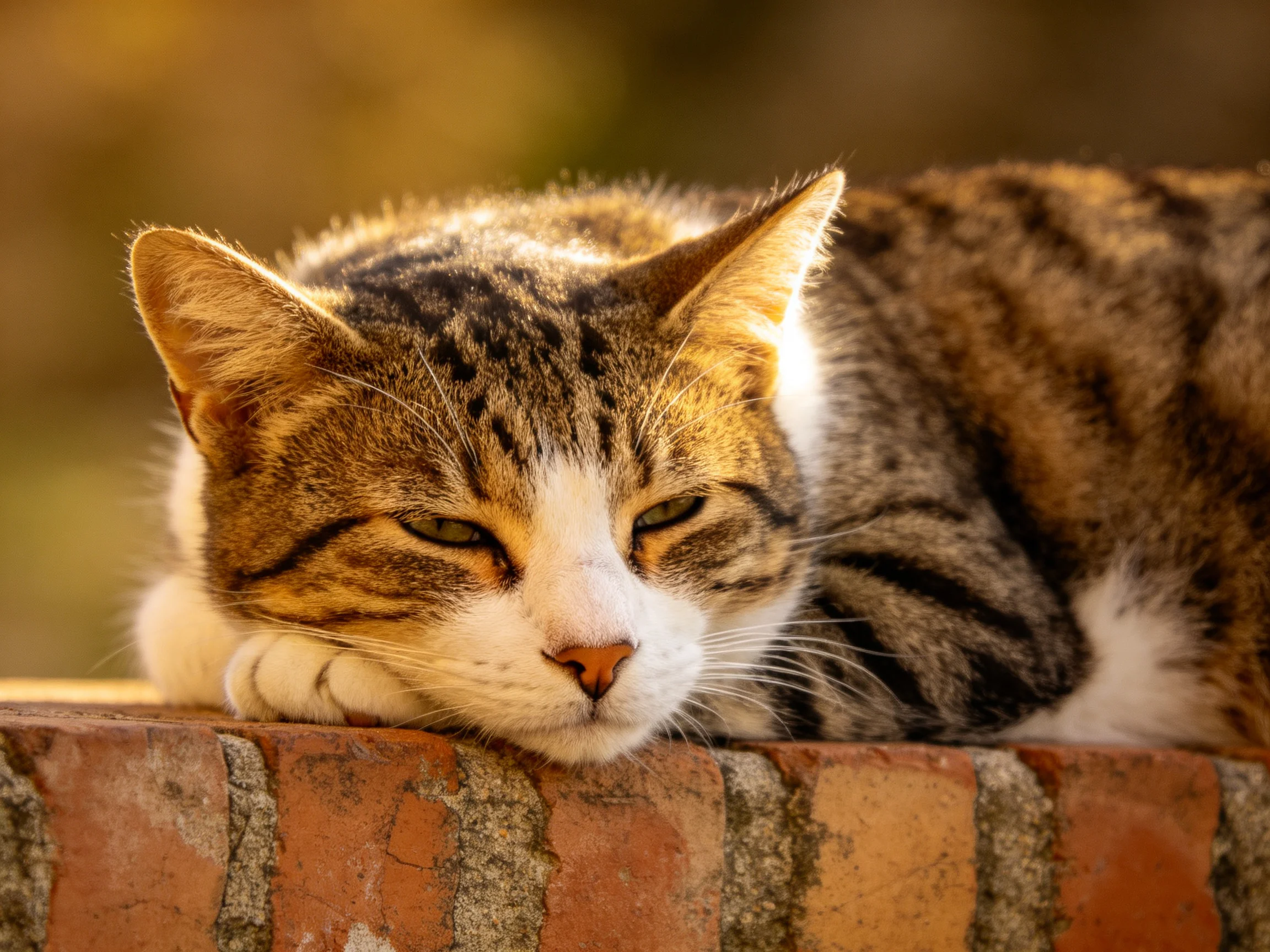 A tabby cat with white markings rests on a weathered brick ledge in golden light