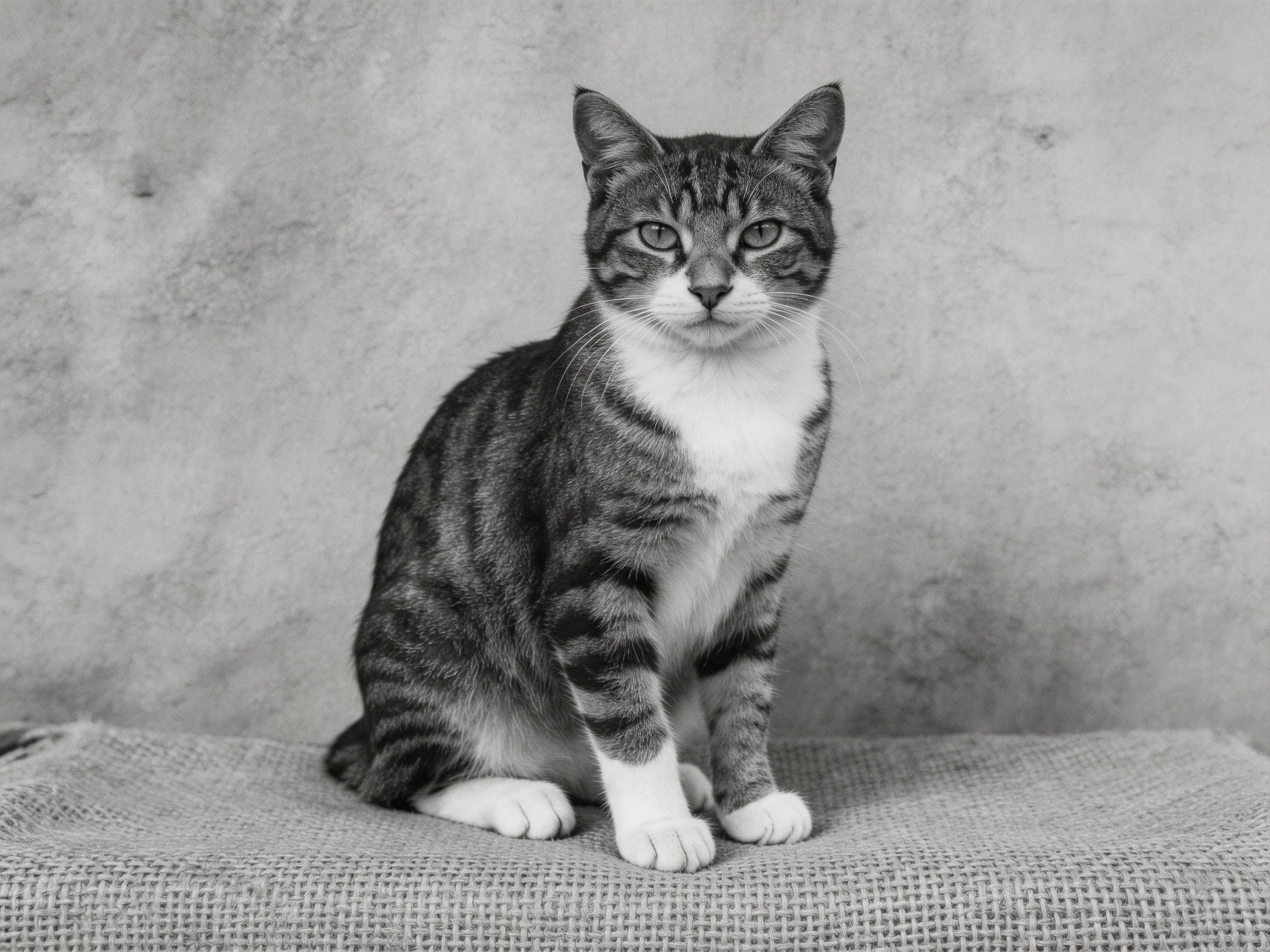 A tabby cat with white markings sits on a textured fabric near a plain wall