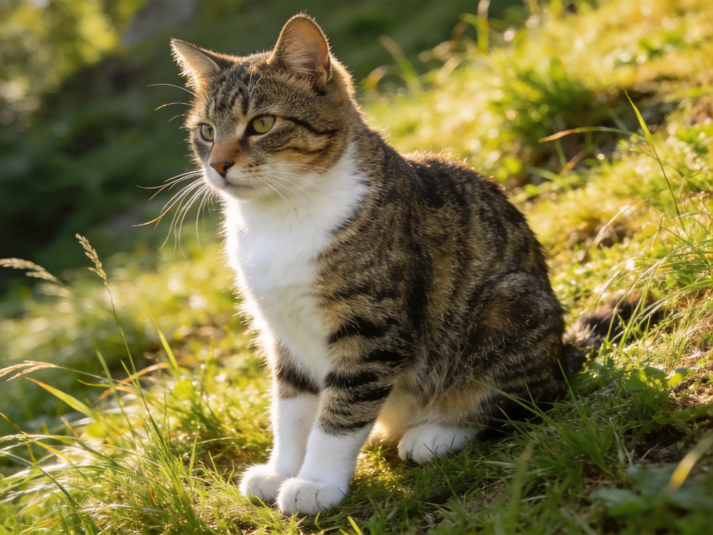 A tabby cat with white markings sits on sunlit green grass