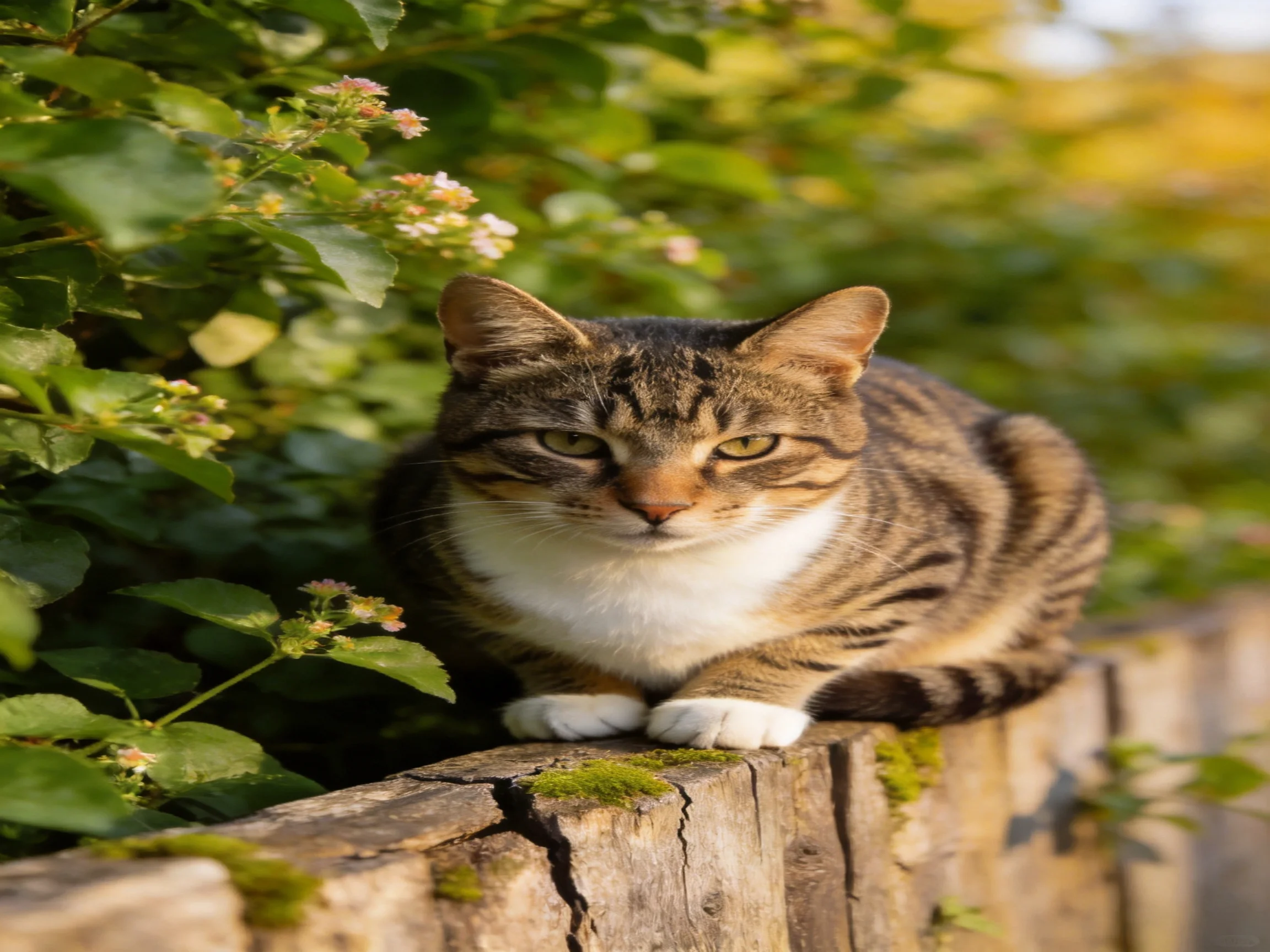 A tabby cat with white paws rests on a mossy wooden fence near greenery