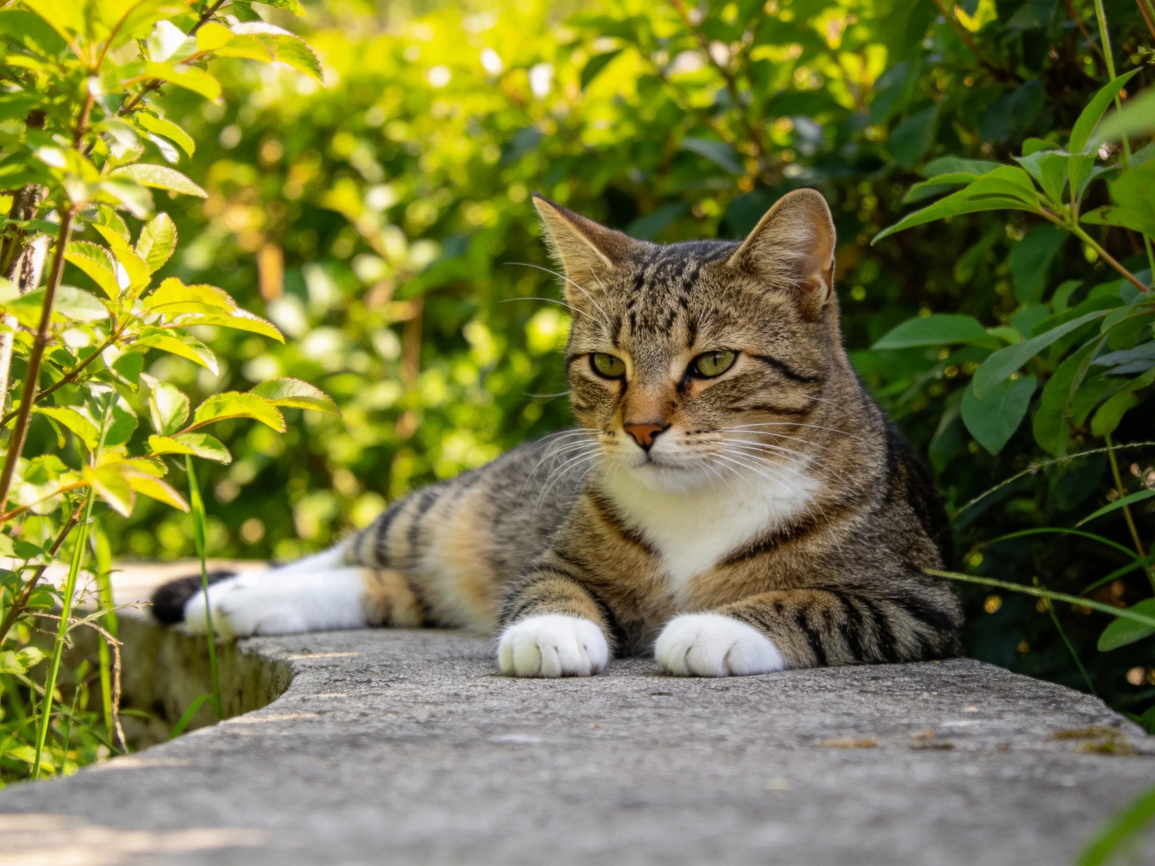 A tabby cat with white paws rests on a stone ledge amid lush green foliage