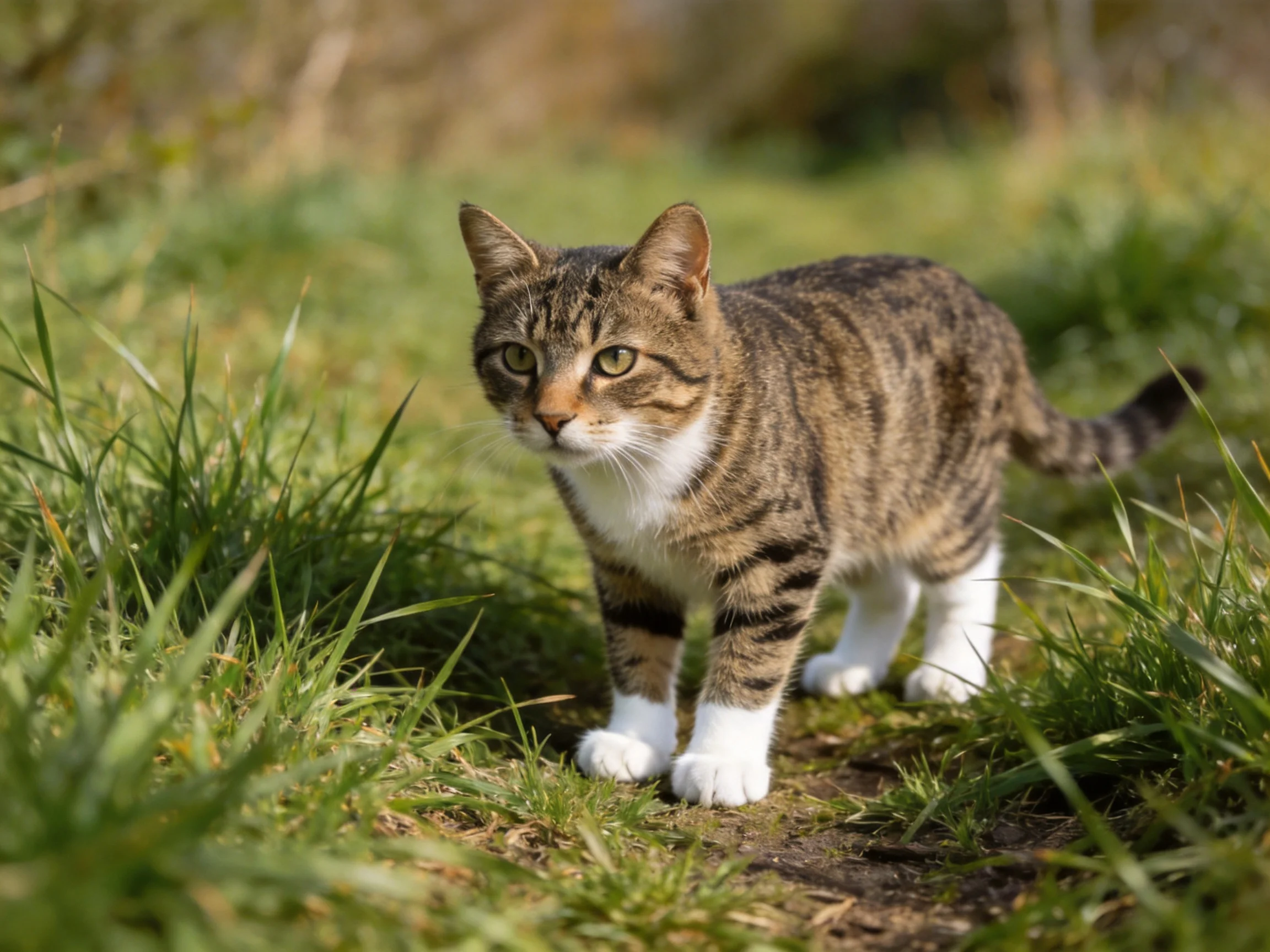 A tabby cat with white paws roams through lush green grass outdoors