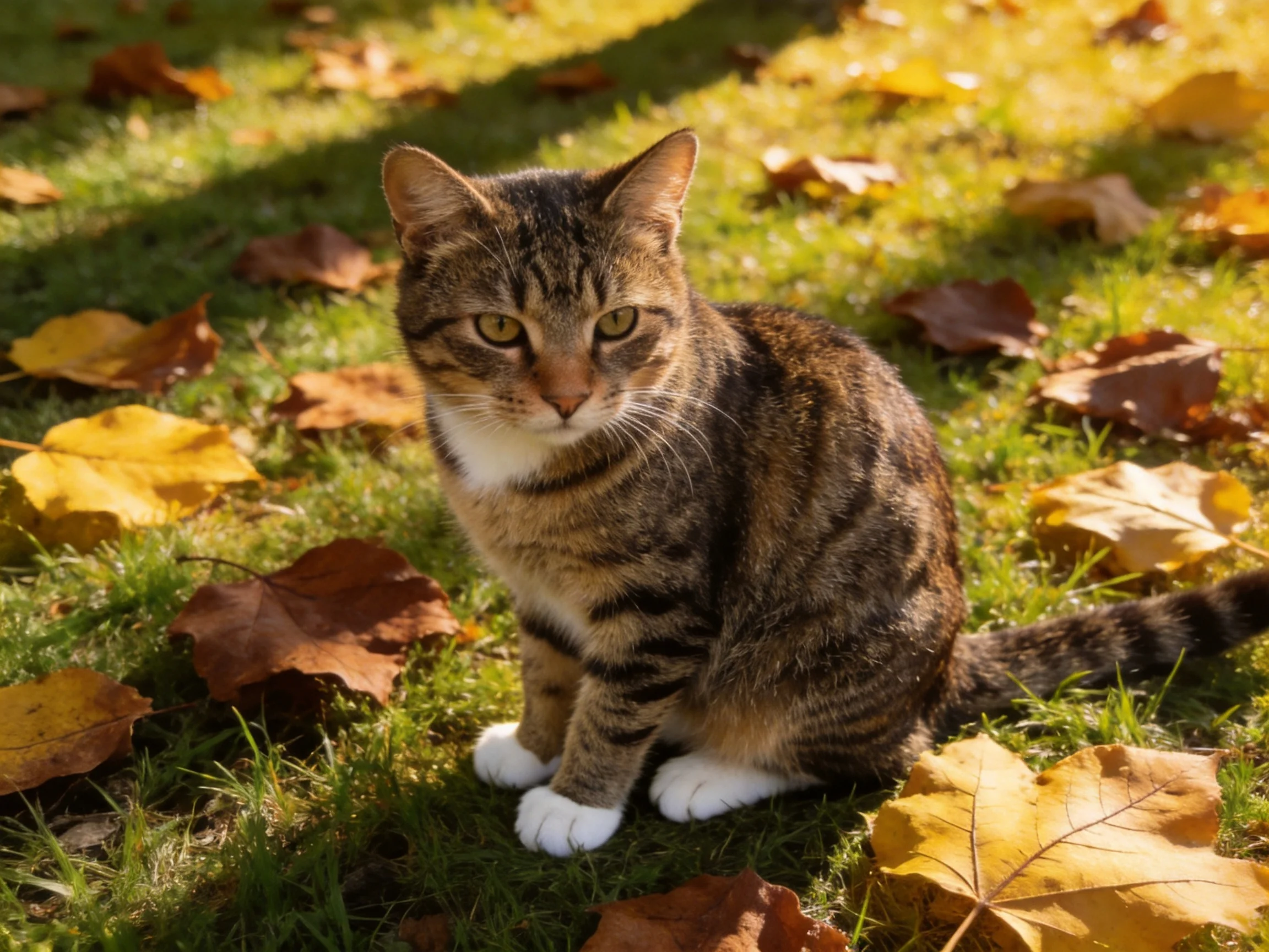 A tabby cat with white paws sits among autumn leaves on green grass