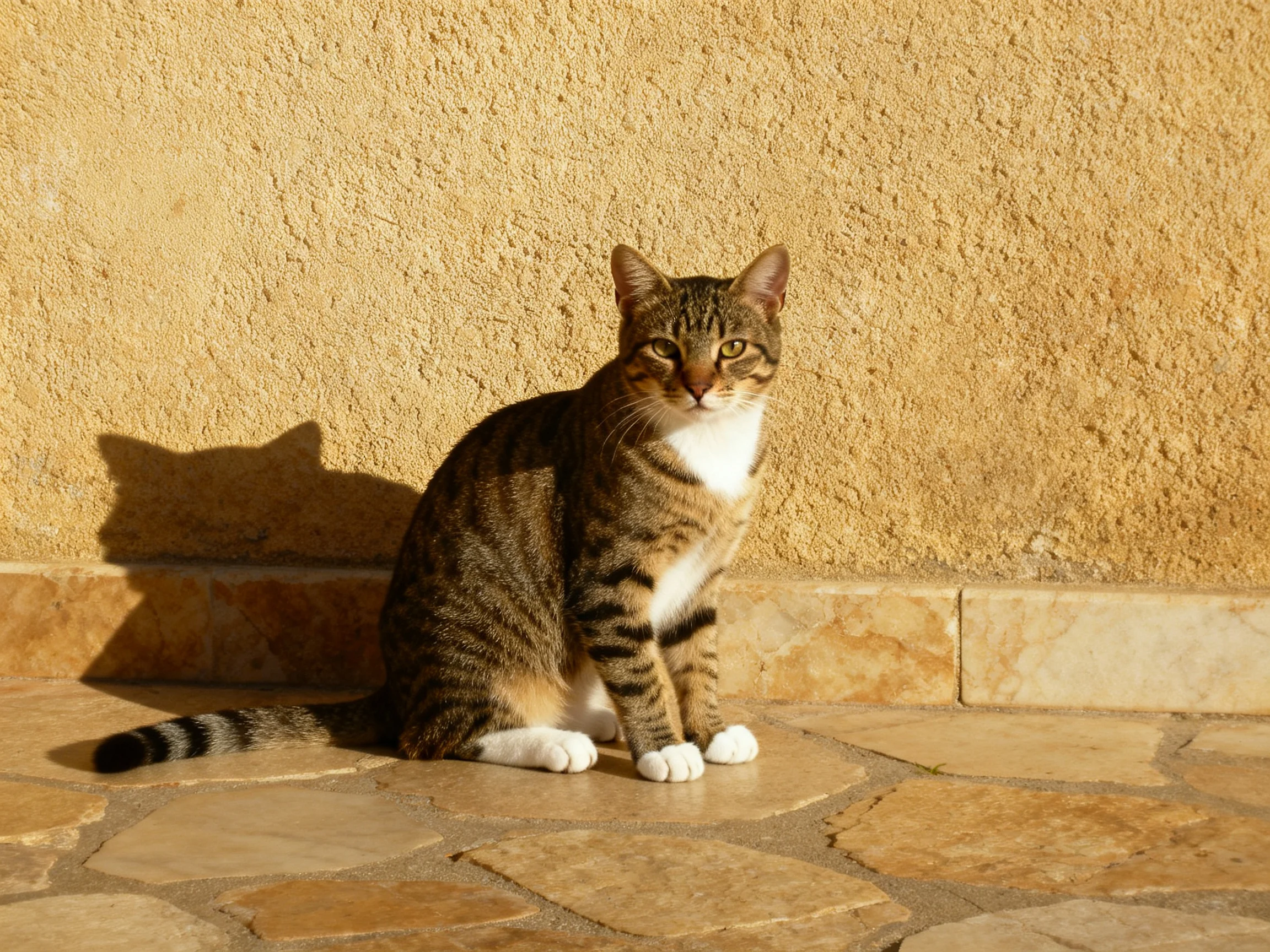 A tabby cat with white paws sits beside a textured yellow wall