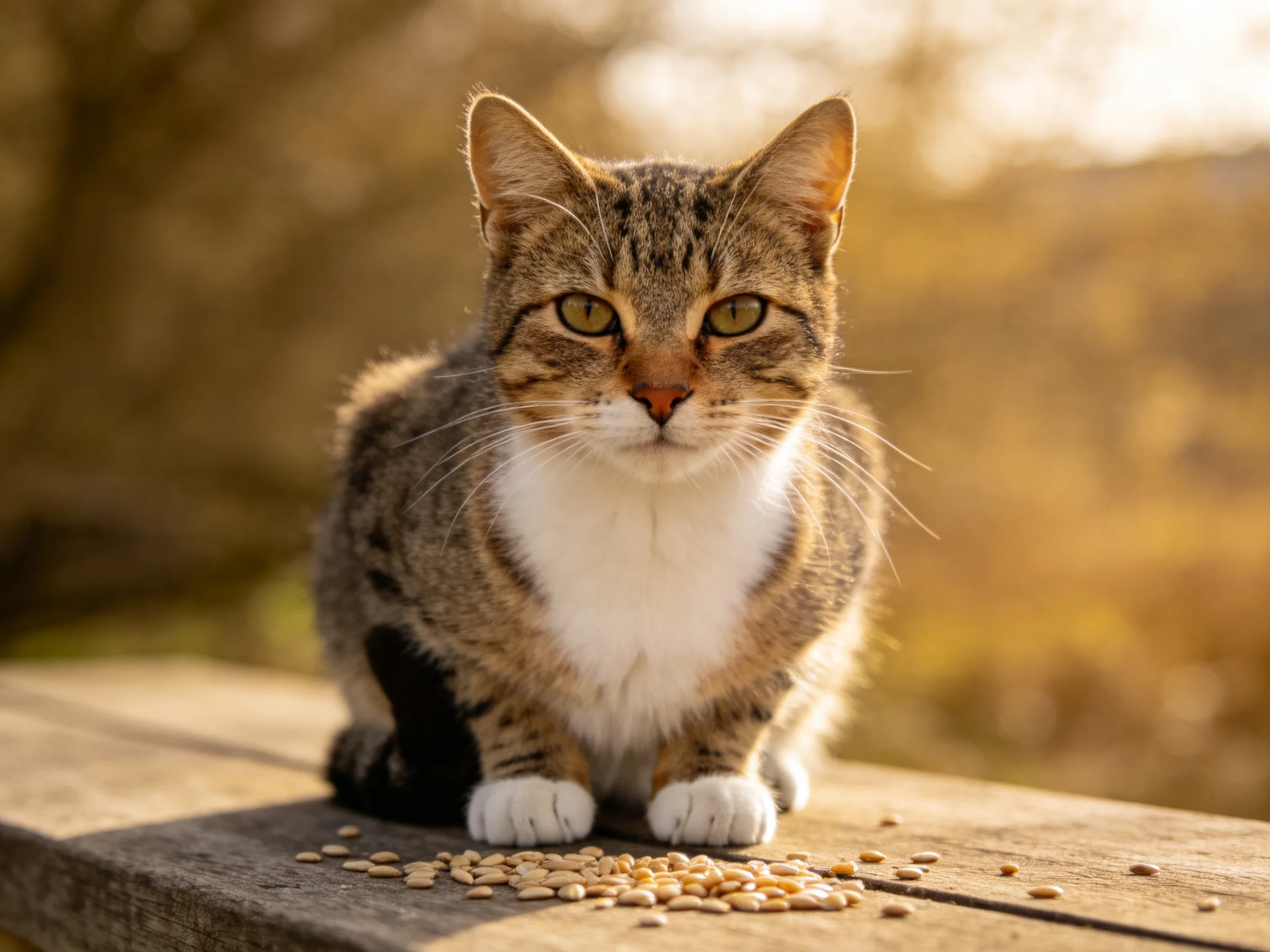 A tabby cat with white paws sits on a wooden ledge near scattered seeds
