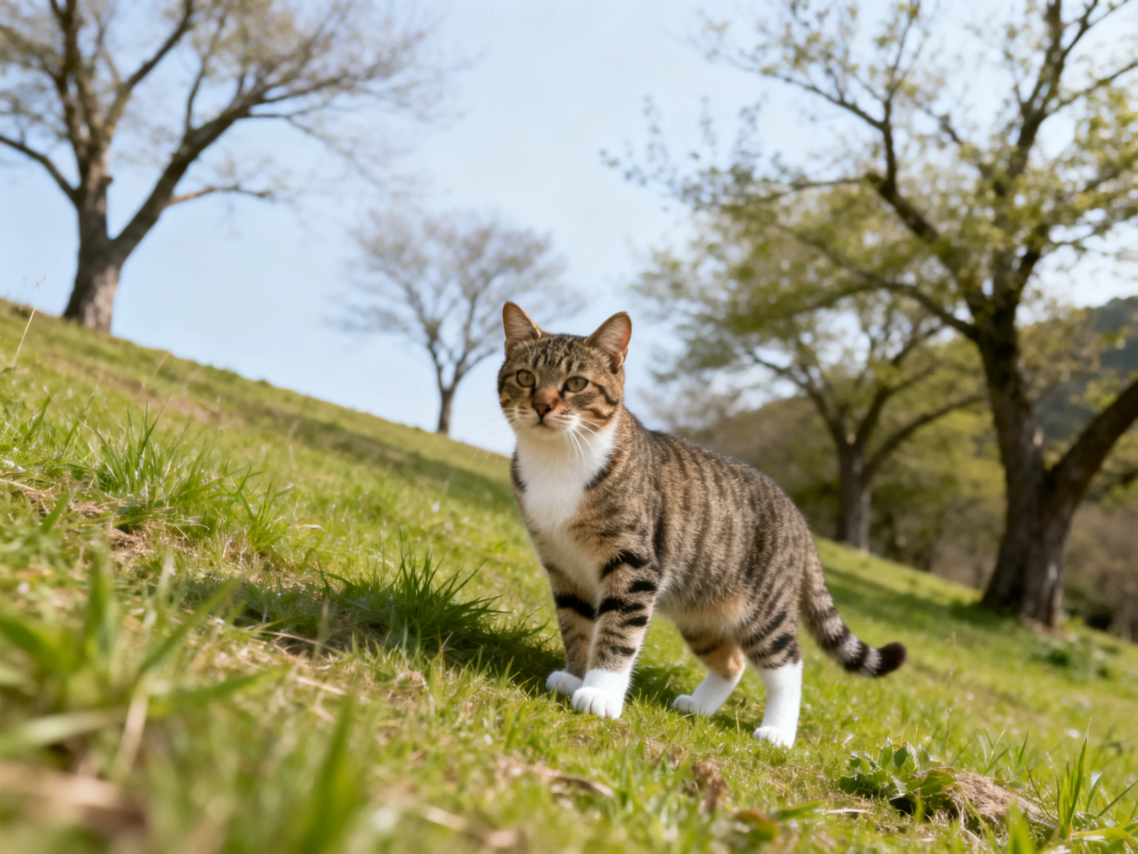 A tabby cat with white paws walking on a sunny grassy hillside